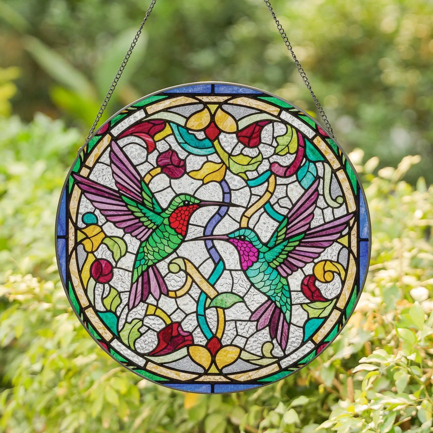 Hummingbirds In Mid-Flight Tiffany Stained Glass Jewel Tones - Wildlife Home Decor Gift Stained Glass Suncatcher - 1