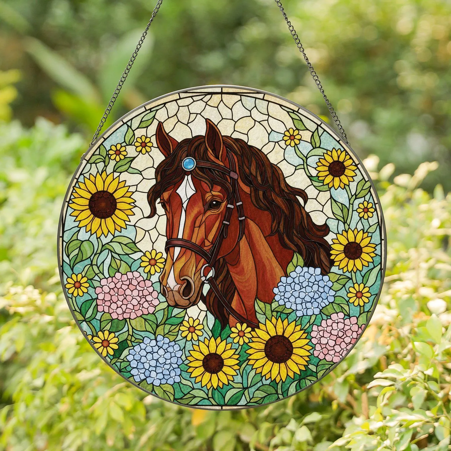 Brown Horse Head Sunflowers Hydrangeas - Home Decor Gift for Horse Lovers Stained Glass Suncatcher - 1