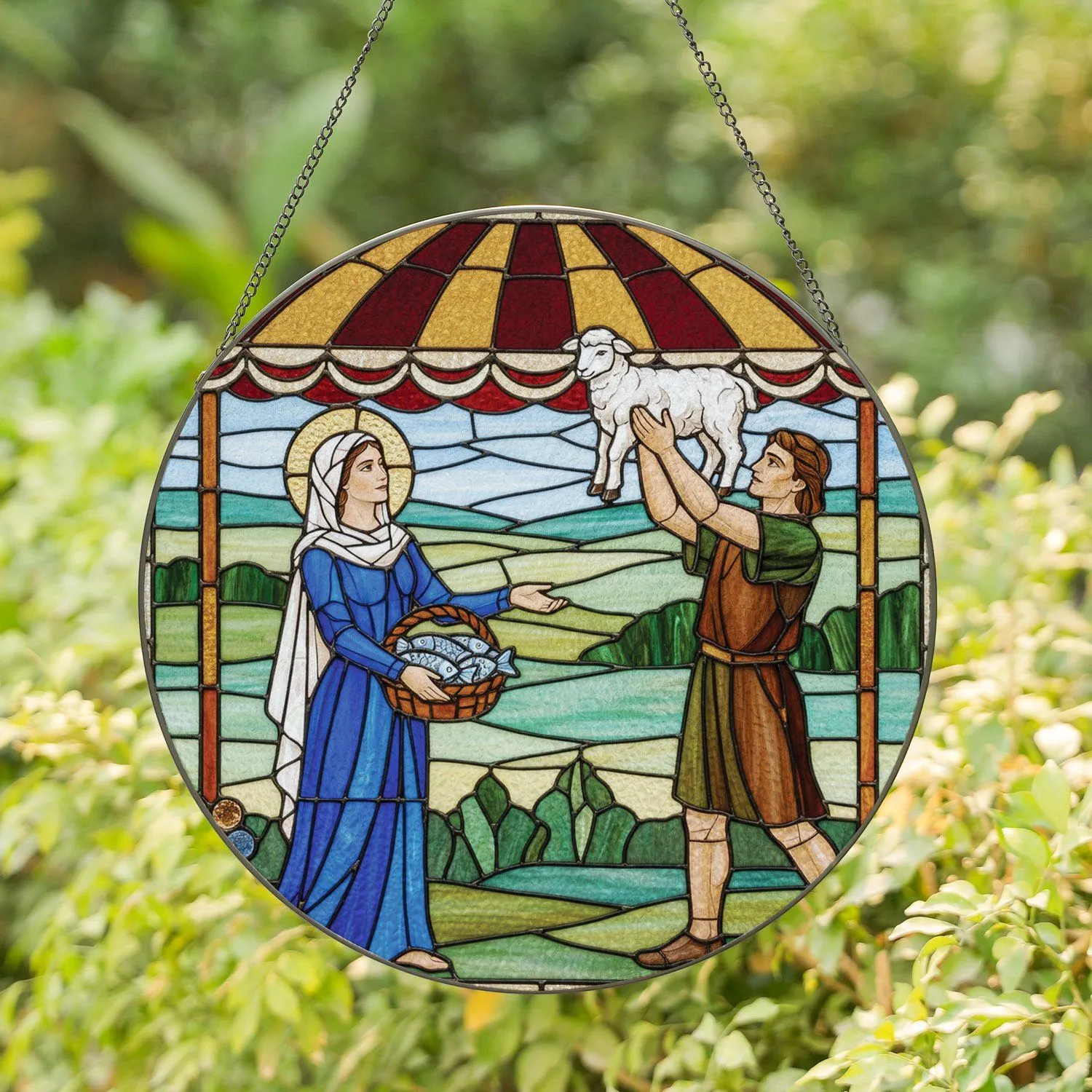 Man Woman Lamb Fish Offering Pastoral Market Scene - Home Decor Gift Stained Glass Suncatcher - 1