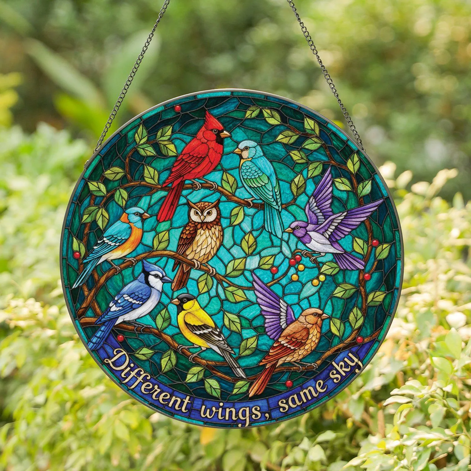 Vibrant Diverse Songbirds Stained Glass 'Different Wings, Same Sky' - Home Decor Gift Stained Glass Suncatcher - 1