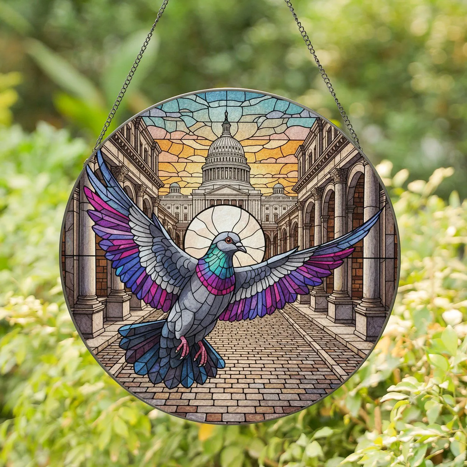 Dynamic Flying Pigeon Capitol Dome Avenue Sunset - Architectural Home Decor Gift Stained Glass Suncatcher - 1