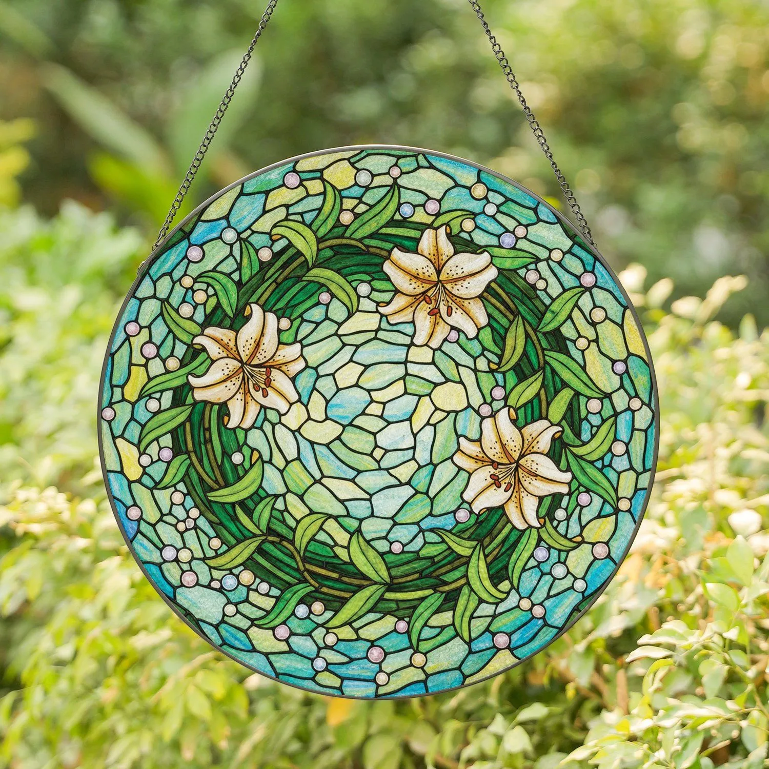 Lily Flower Wreath Vines Stained Glass Art - Tiffany Style Jewel Tone Sunlight Mosaic Stained Glass Suncatcher - 1