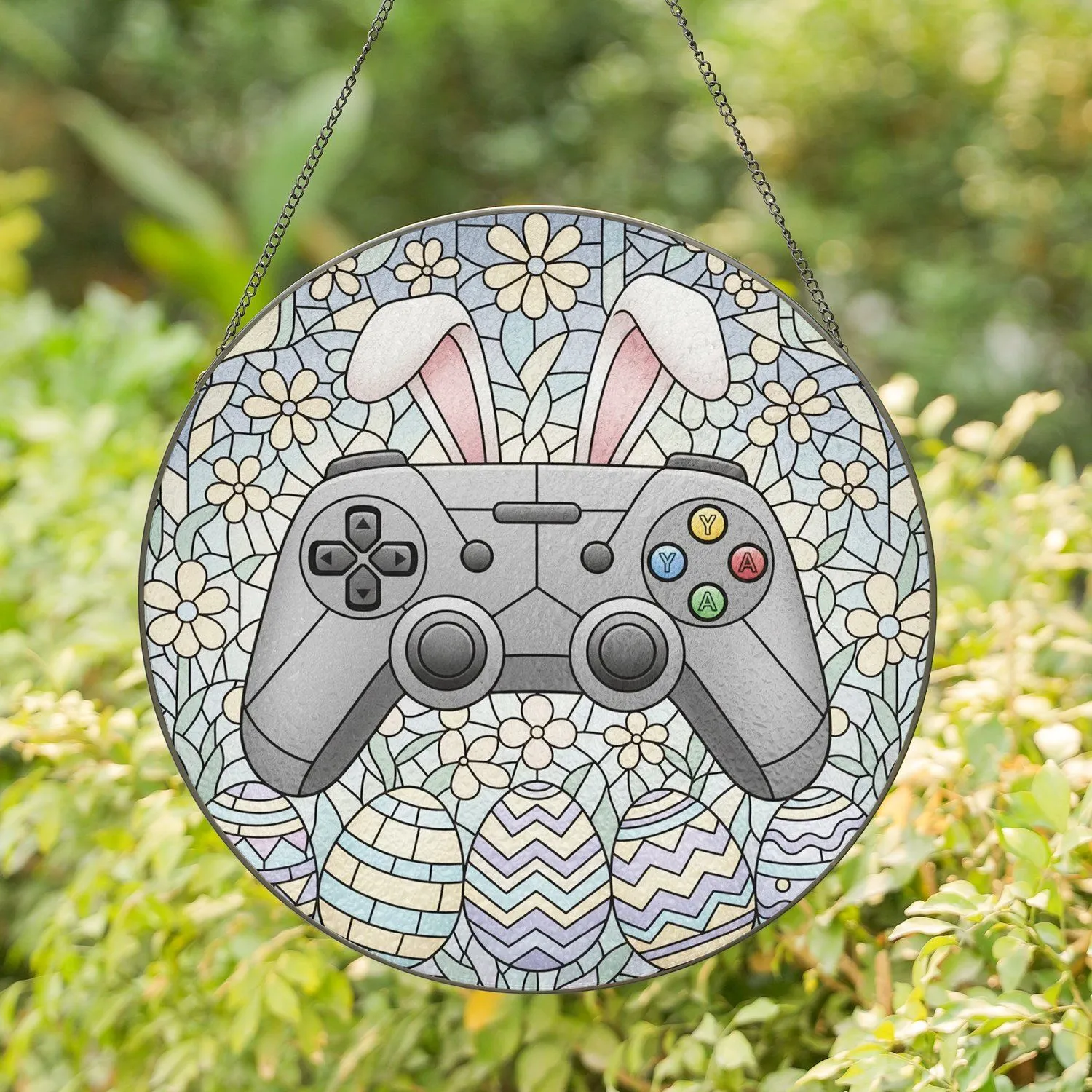 Pastel Video Game Controller Bunny Ears Easter Eggs Stained Glass Mosaic Gamer Gift Stained Glass Suncatcher - 1