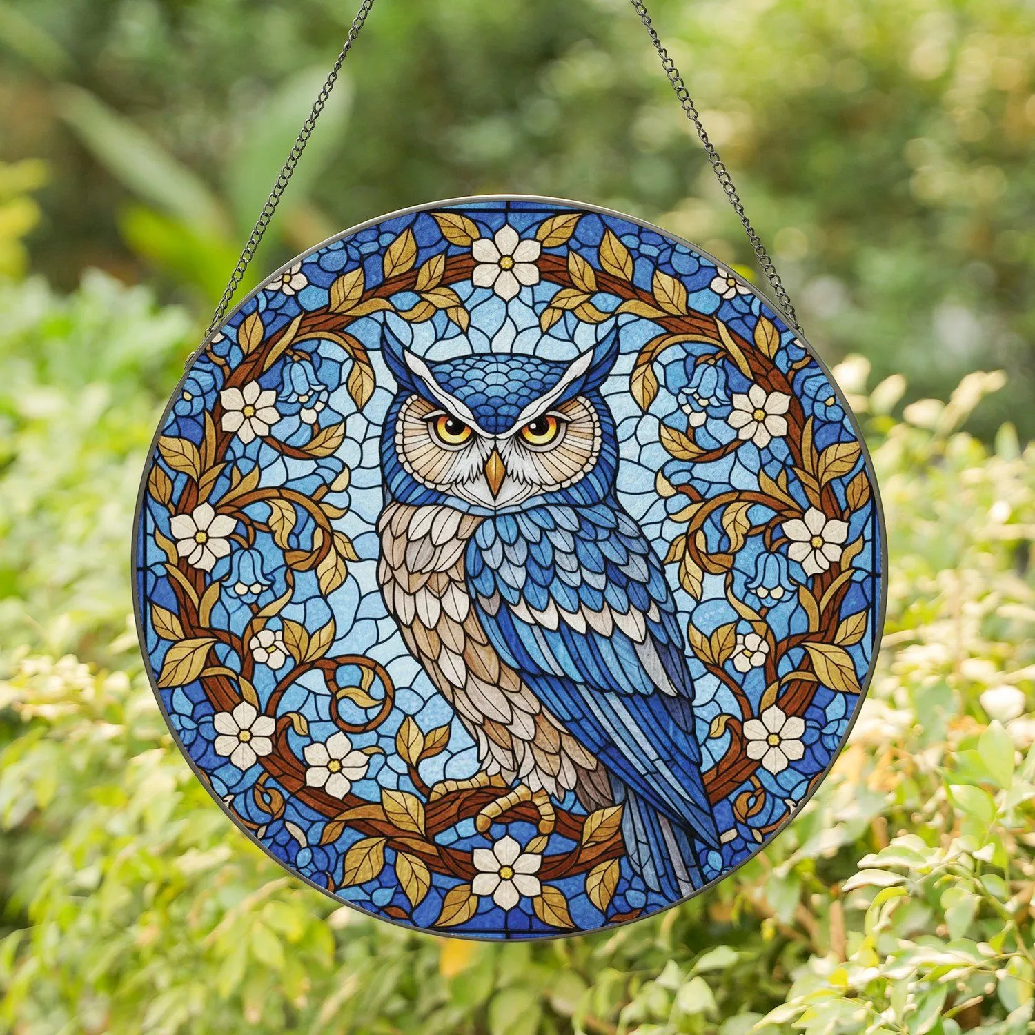 Majestic Owl Stained Glass Art - Blue Cream Plumage Tiffany Style Botanical Mosaic Stained Glass Suncatcher - 1