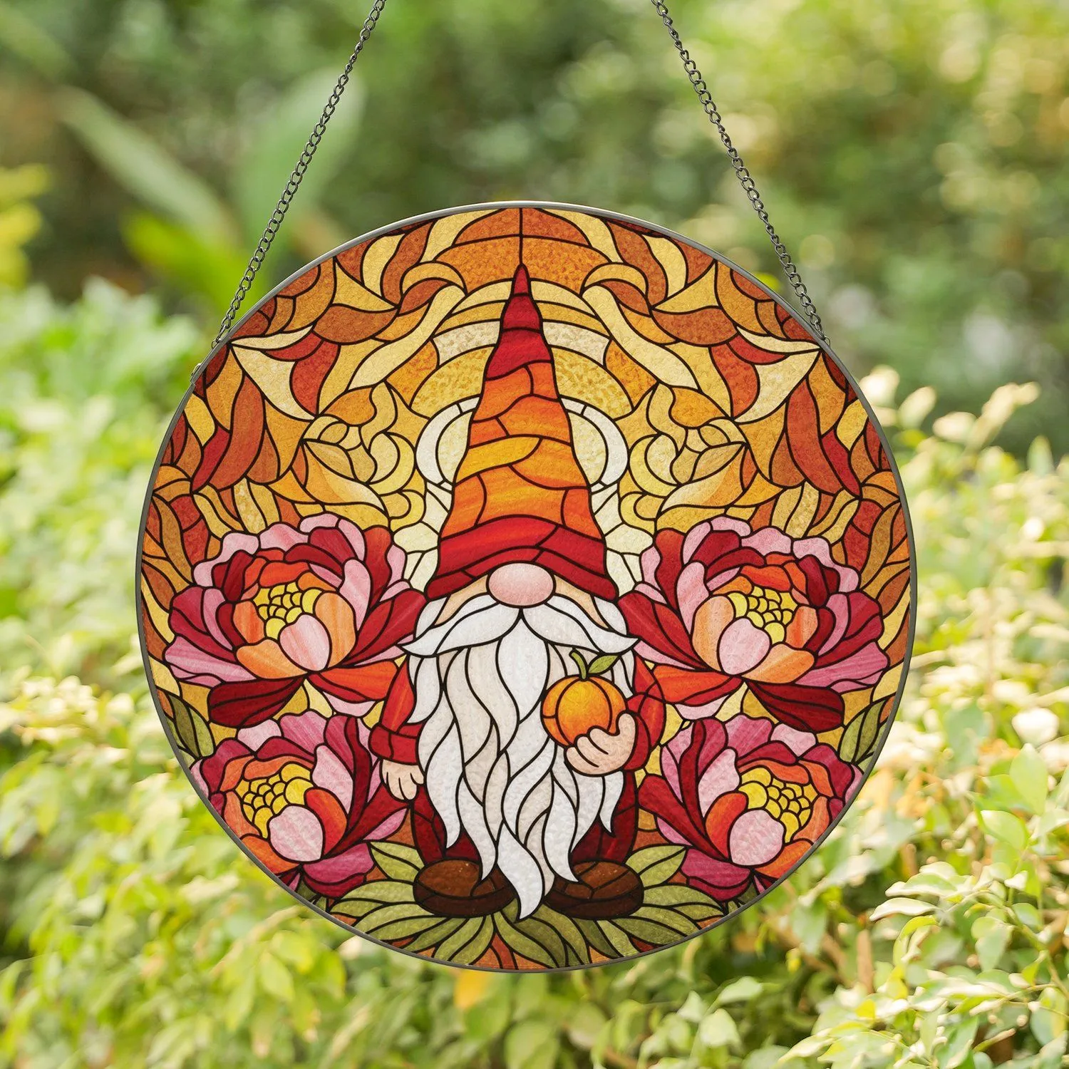 Garden Gnome Peony Flowers Stained Glass Tiffany Art - Glowing Translucent Jewel Tones Stained Glass Suncatcher - 1