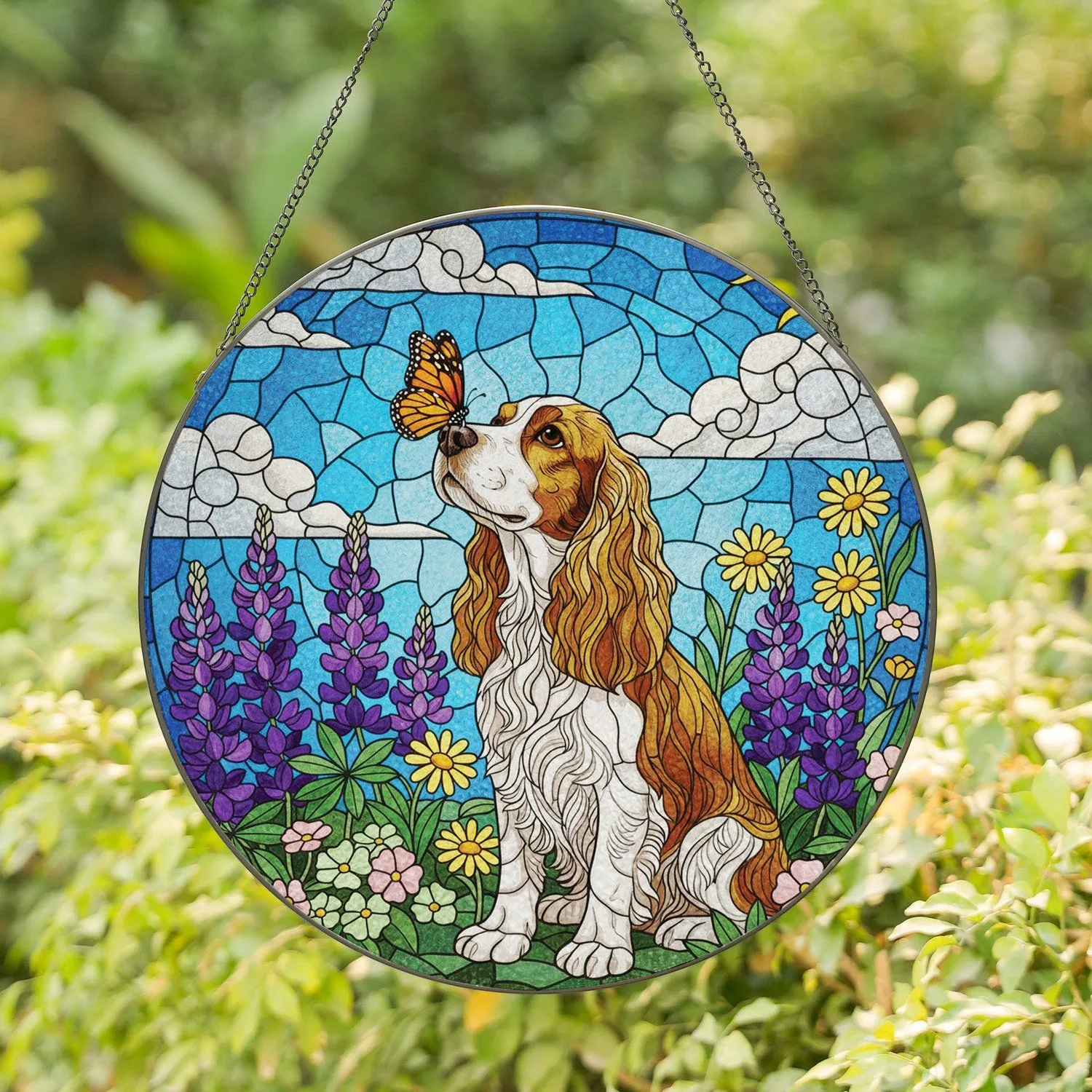Cocker Spaniel Dog Monarch Butterfly Stained Glass Purple Lupines Yellow Daisies Stained Glass Suncatcher - 1