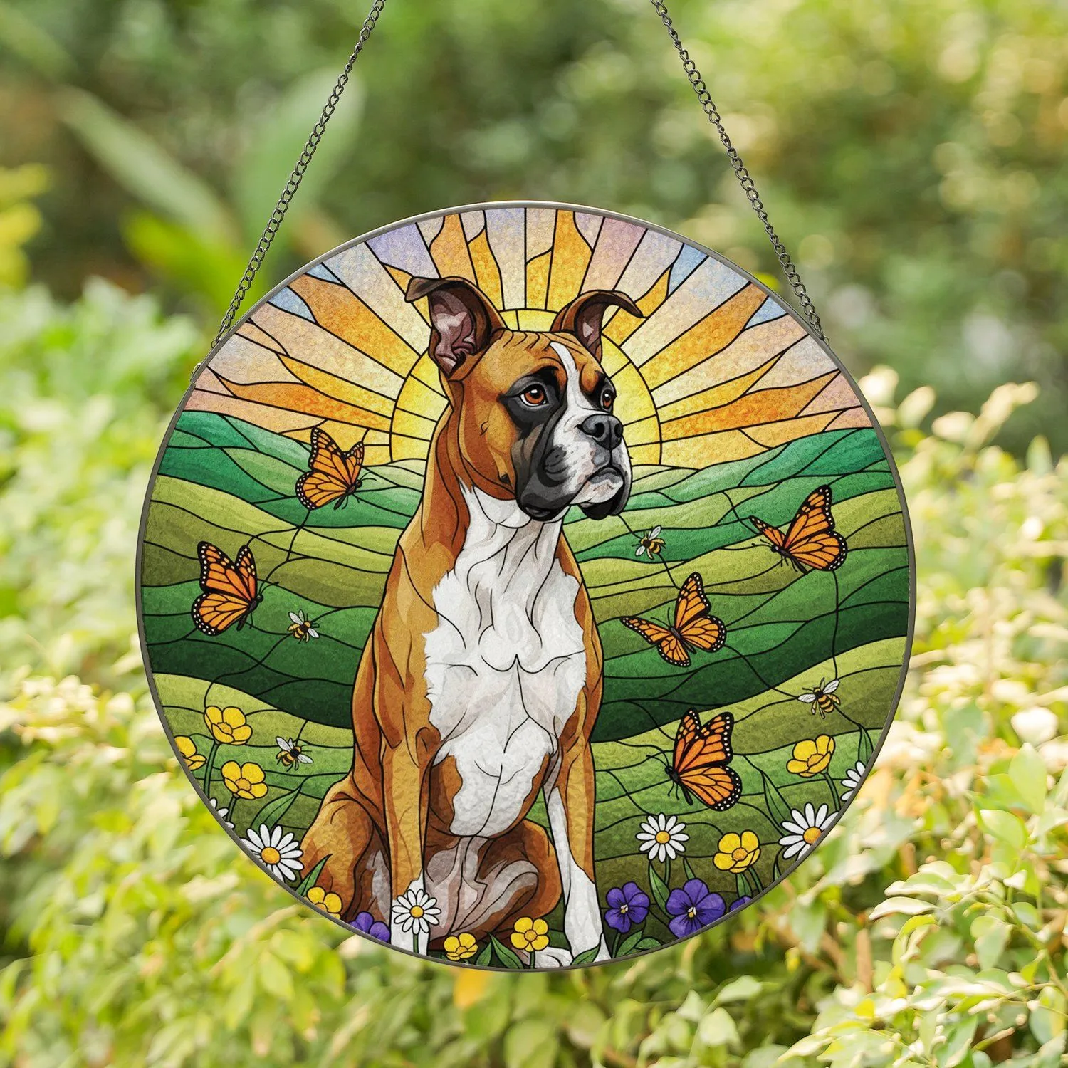 Fawn Boxer Dog Stained Glass with Butterflies & Wildflowers - Pet Lover Home Decor Art Stained Glass Suncatcher - 1