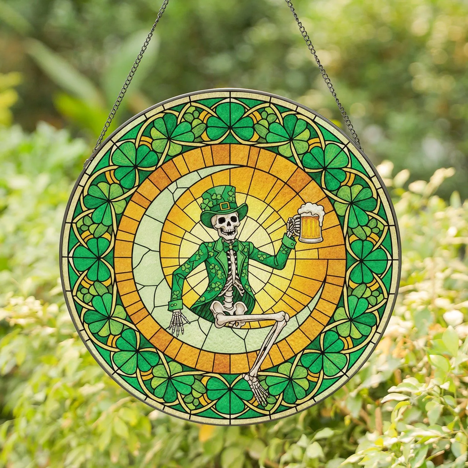 Festive Skeleton Green Top Hat Jacket Shamrock Moon Beer Mug - St. Patrick's Day Gift Stained Glass Suncatcher - 1