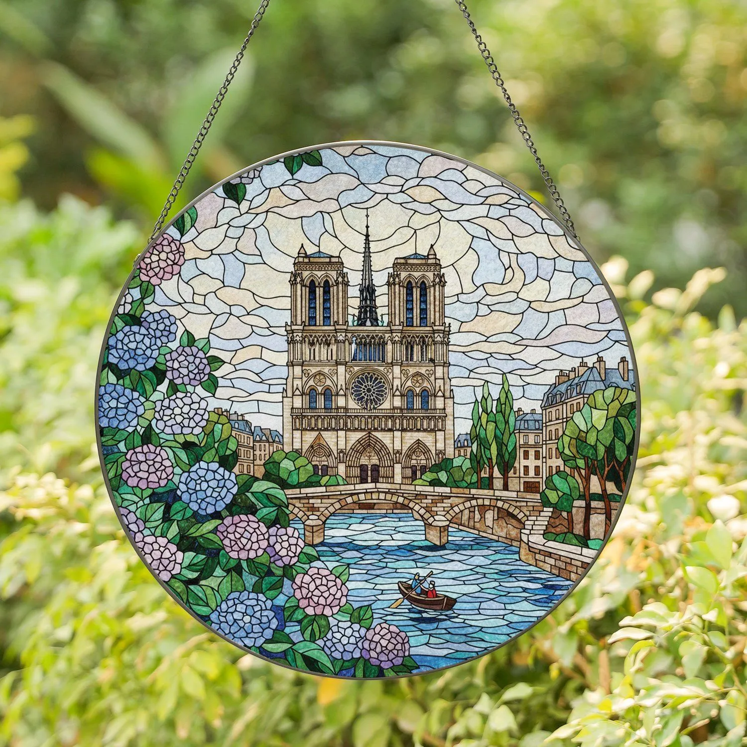 Notre Dame Cathedral Paris Seine River Boat Stained Glass - Tiffany Jewel Tones Stained Glass Suncatcher - 1