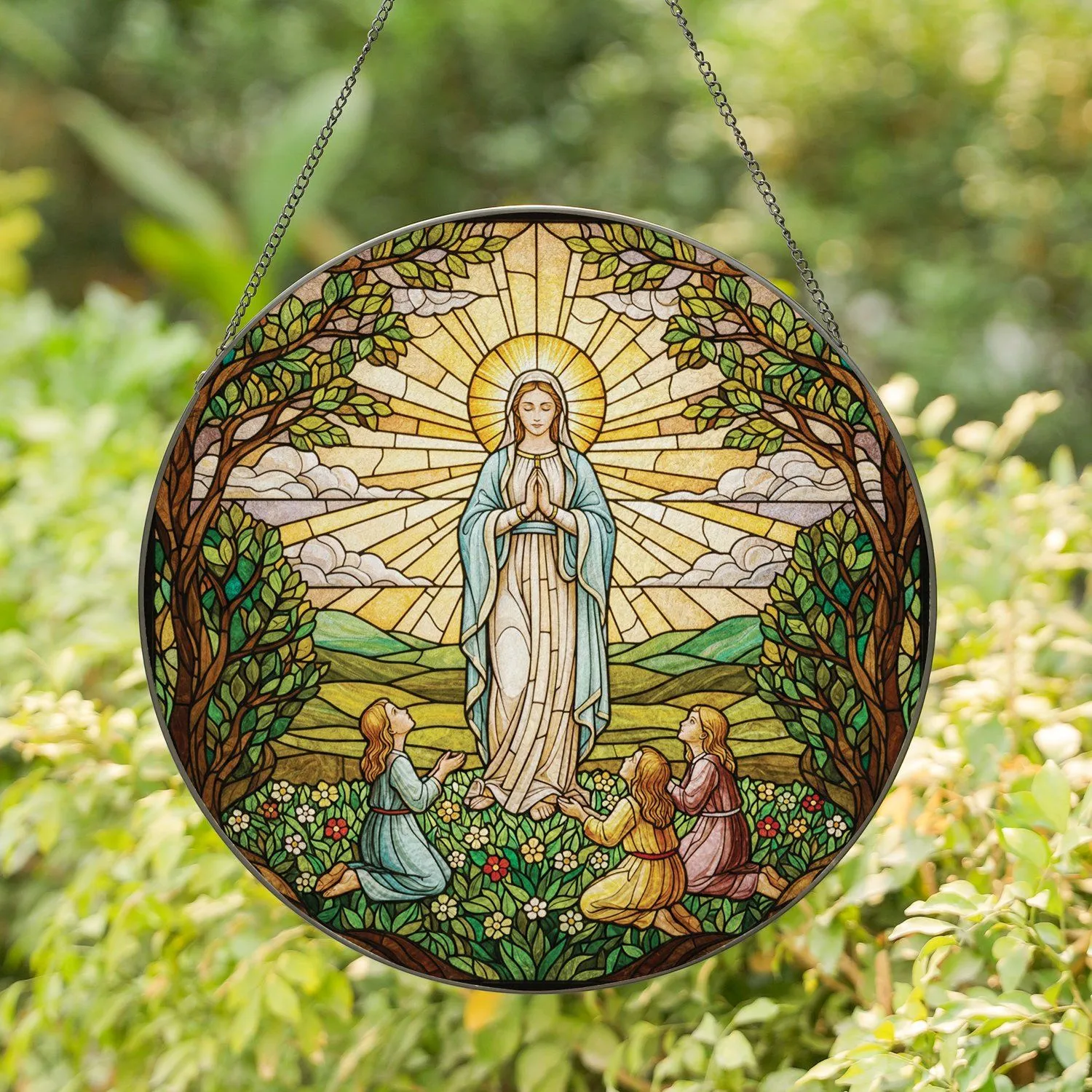 Female Figure Praying Children Wildflower Field - Tiffany Style Stained Glass Landscape Stained Glass Suncatcher - 1