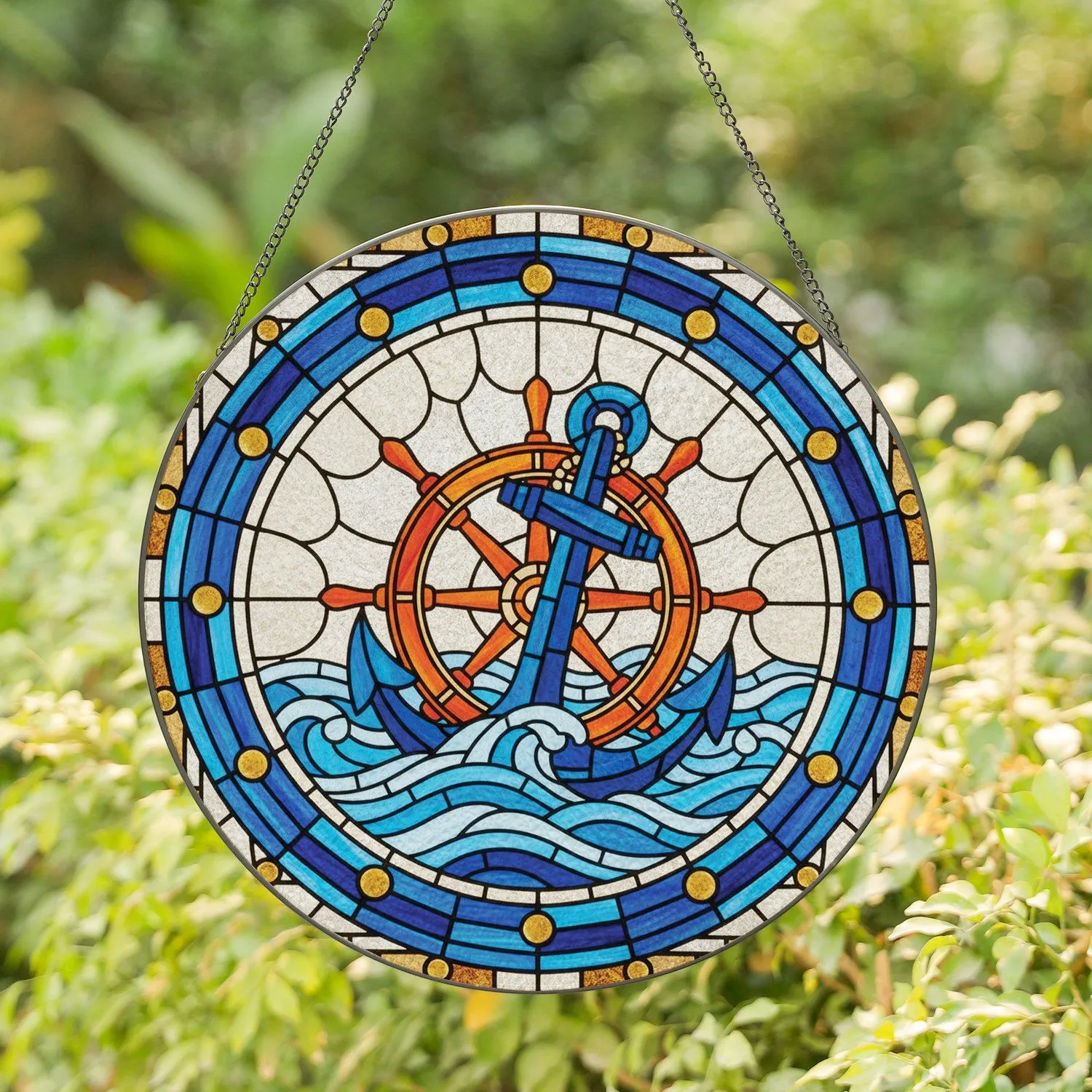 Stained Glass Ship Anchor Wheel Ocean Waves Blue Golden Gem Border - Home Decor Gift Stained Glass Suncatcher - 1