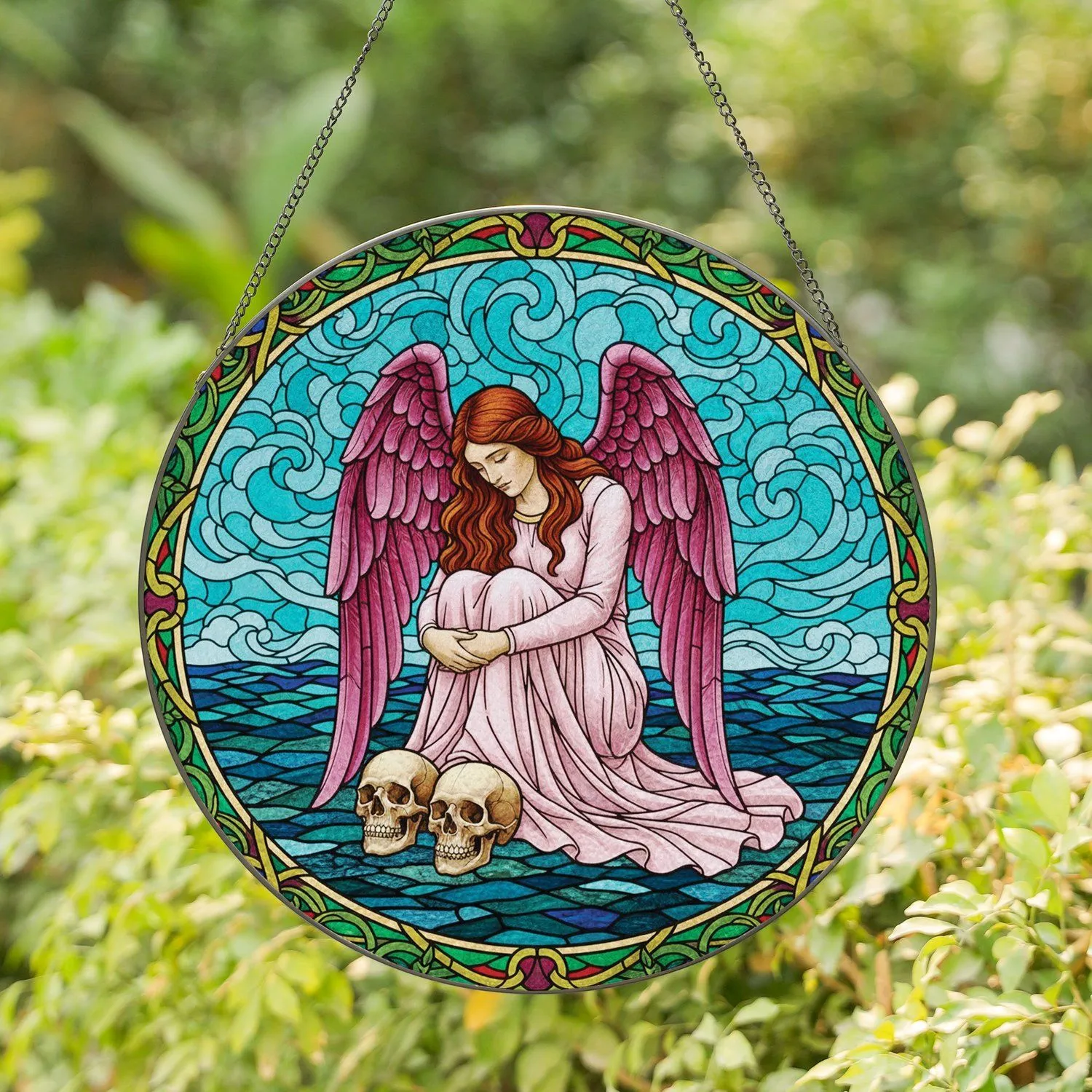 Sorrowful Angel Skulls Pink Magenta Wings Multi-colored Floral Border Home Decor Gift Stained Glass Suncatcher - 1