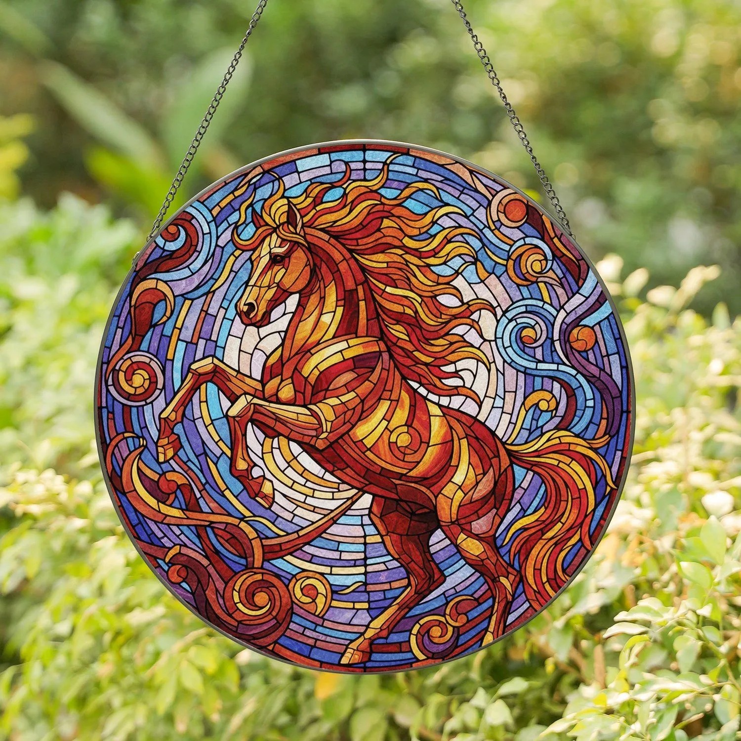 Tiffany Stained Glass Rearing Horse Geometric Swirls - Home Decor Gift for Wildlife Lover Stained Glass Suncatcher - 1