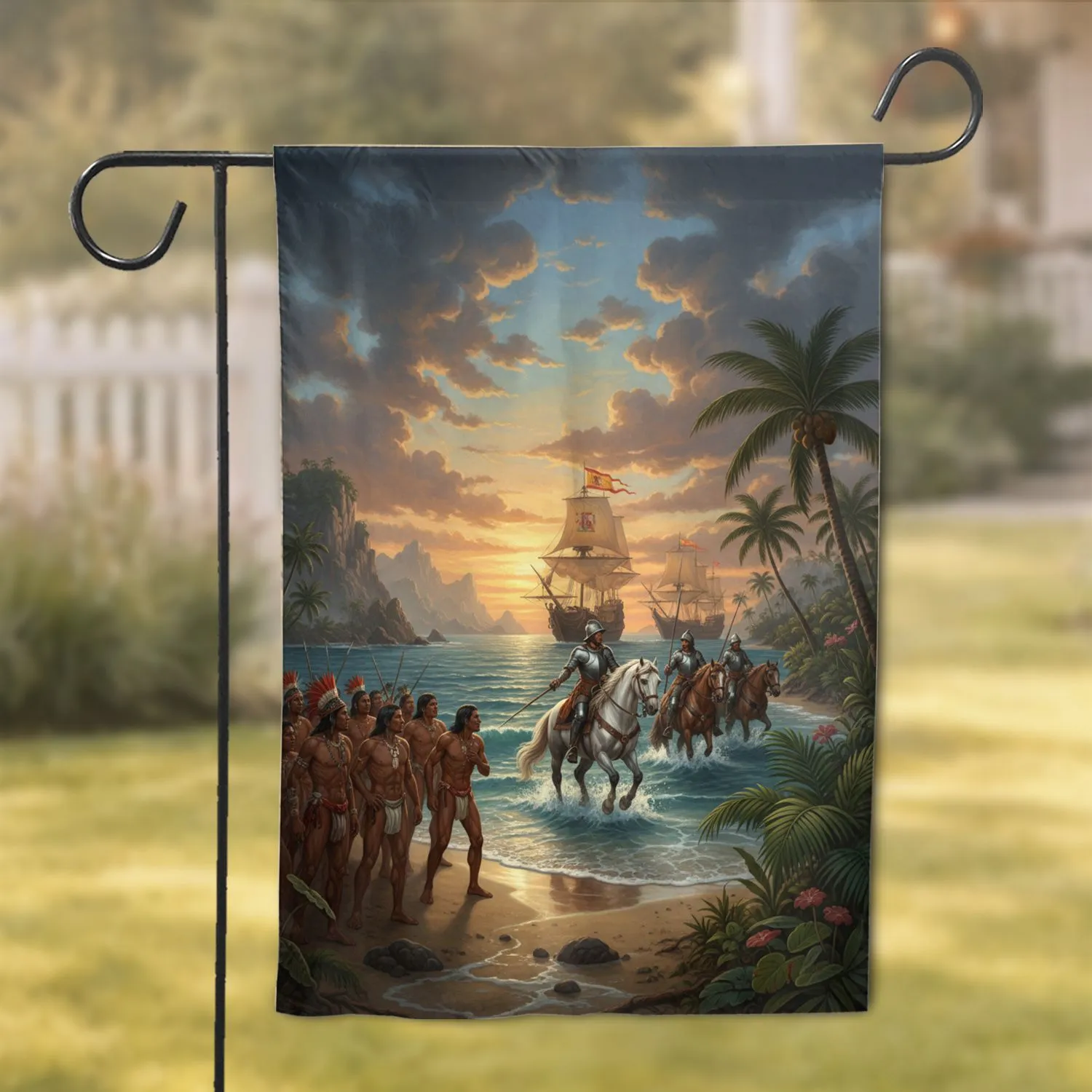Conquistador Indigenous People Tropical Beach Spanish Fleet - History Lover Gift Garden Flag - 1
