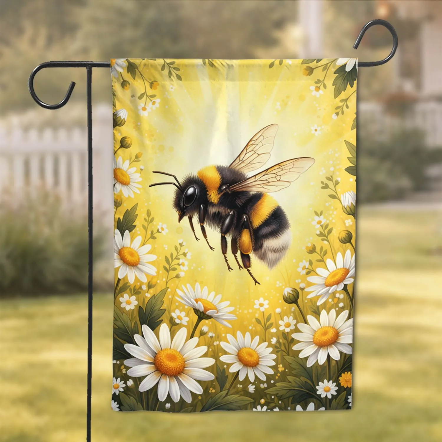 Bumblebee White Yellow Daisy Flowers - Nature Lover Home Decor Gift Garden Flag - 1