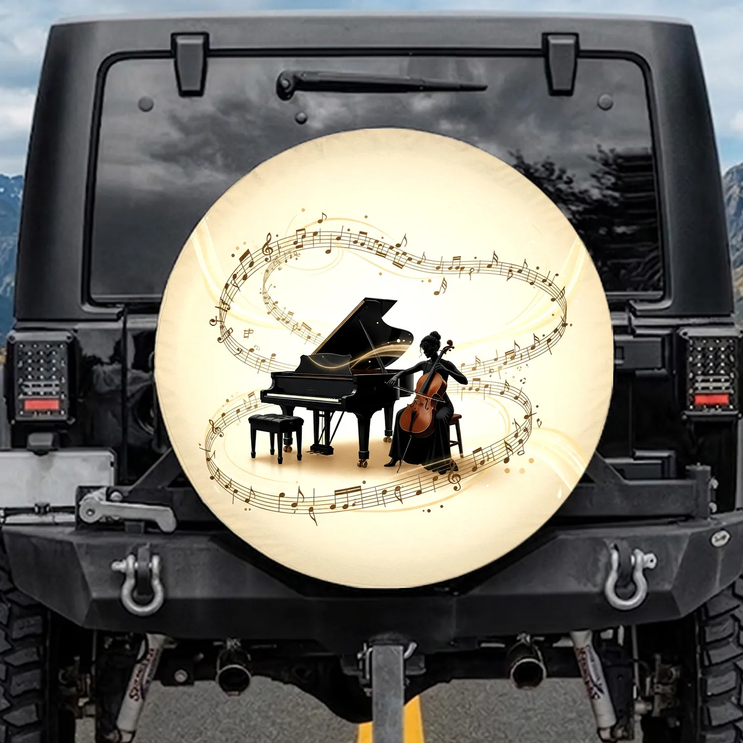 Grand Piano Musician Silhouette Musical Notes - Concert Stage Decor Music Lover Gift Spare Tire Cover - 1