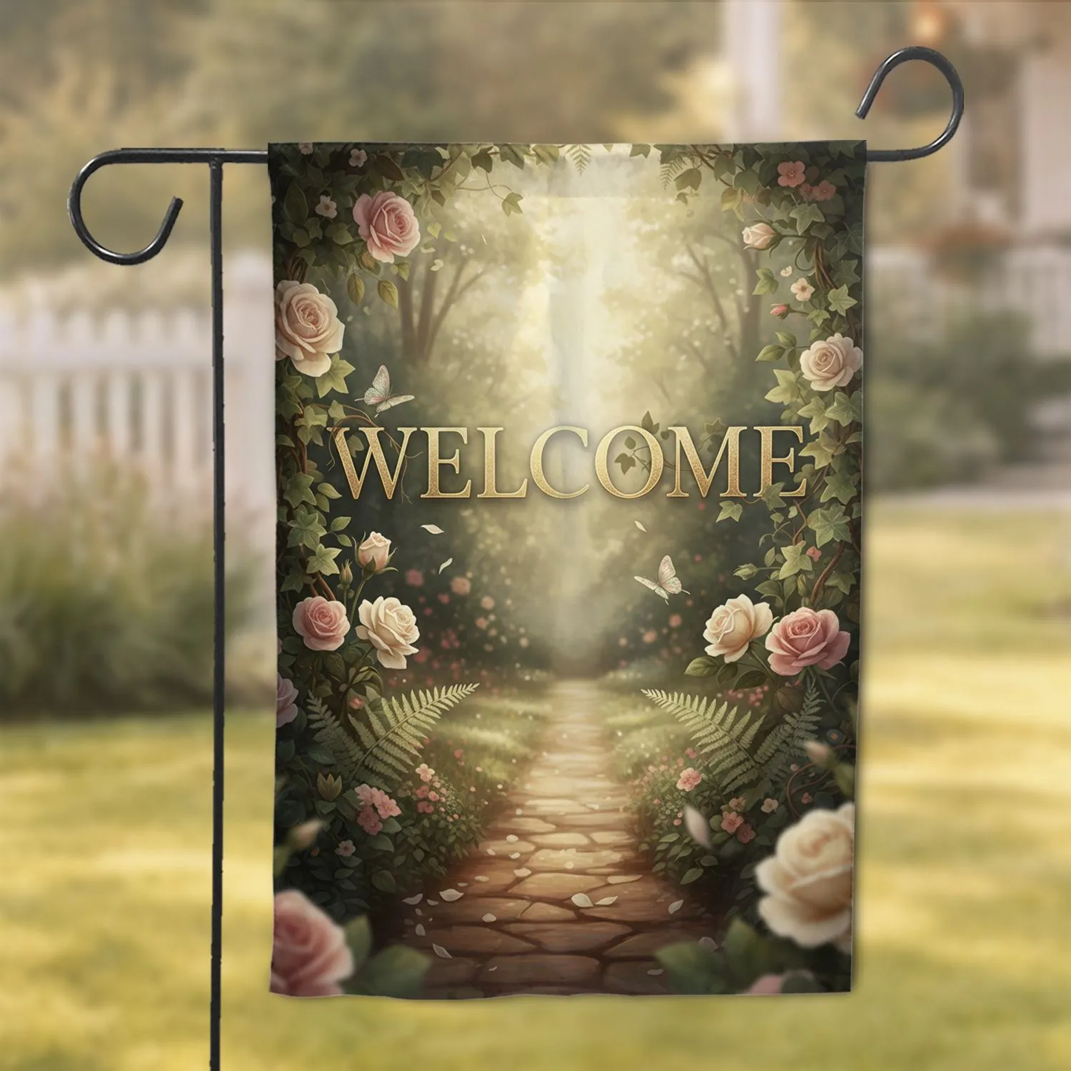Golden Welcome Text Botanical Garden - Inviting Home Decor Gift Garden Flag - 1