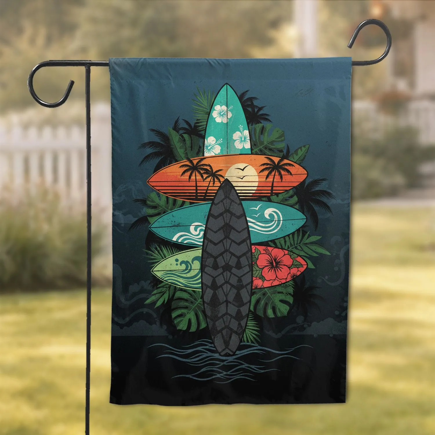 Tropical Surfboards Hibiscus Palm Trees Ocean - Home Decor Gift for Surf Lover Garden Flag - 1