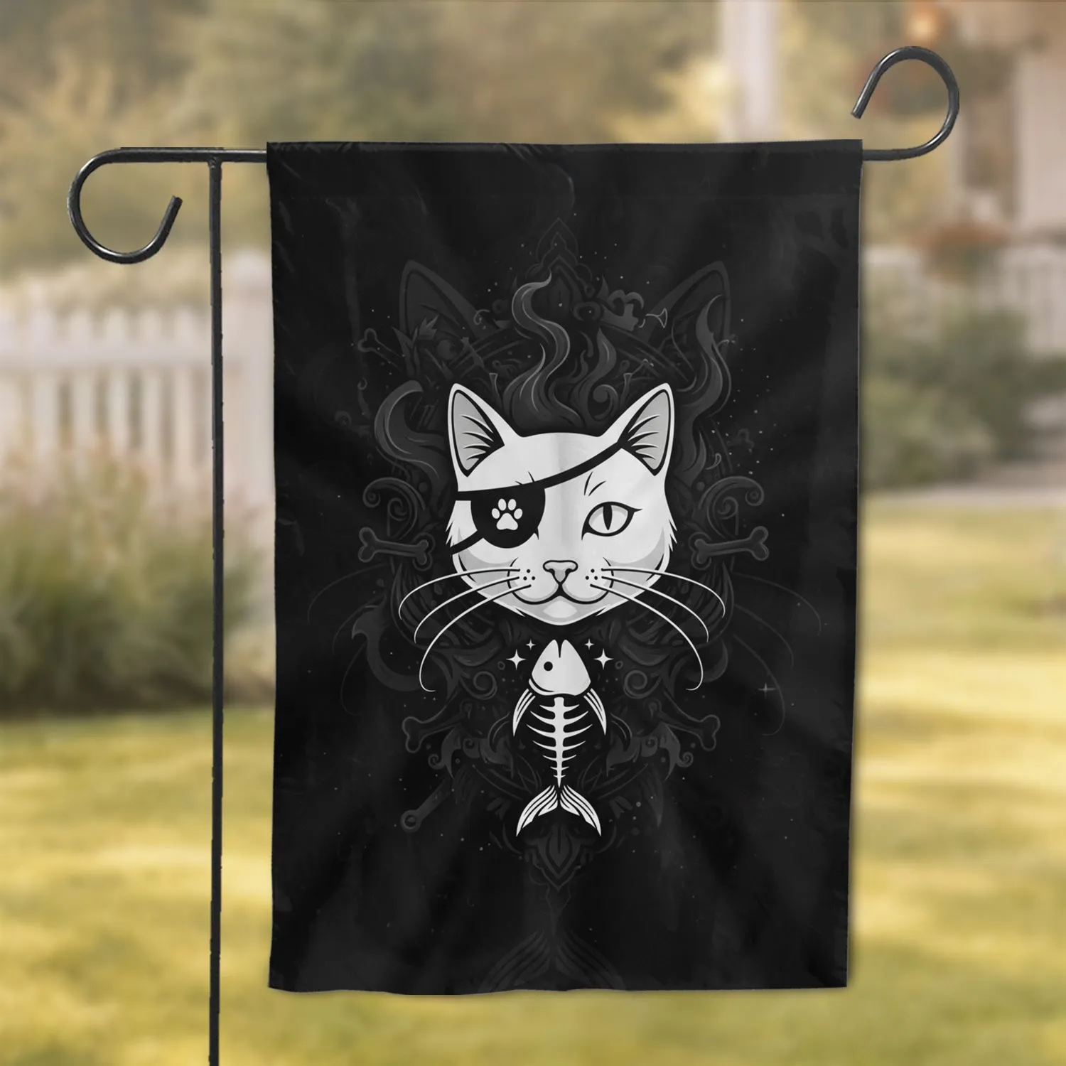 White Cat Paw Print Pirate Eye Patch Fish Skeleton - Gothic Home Decor Gift for Cat Lovers Garden Flag - 1