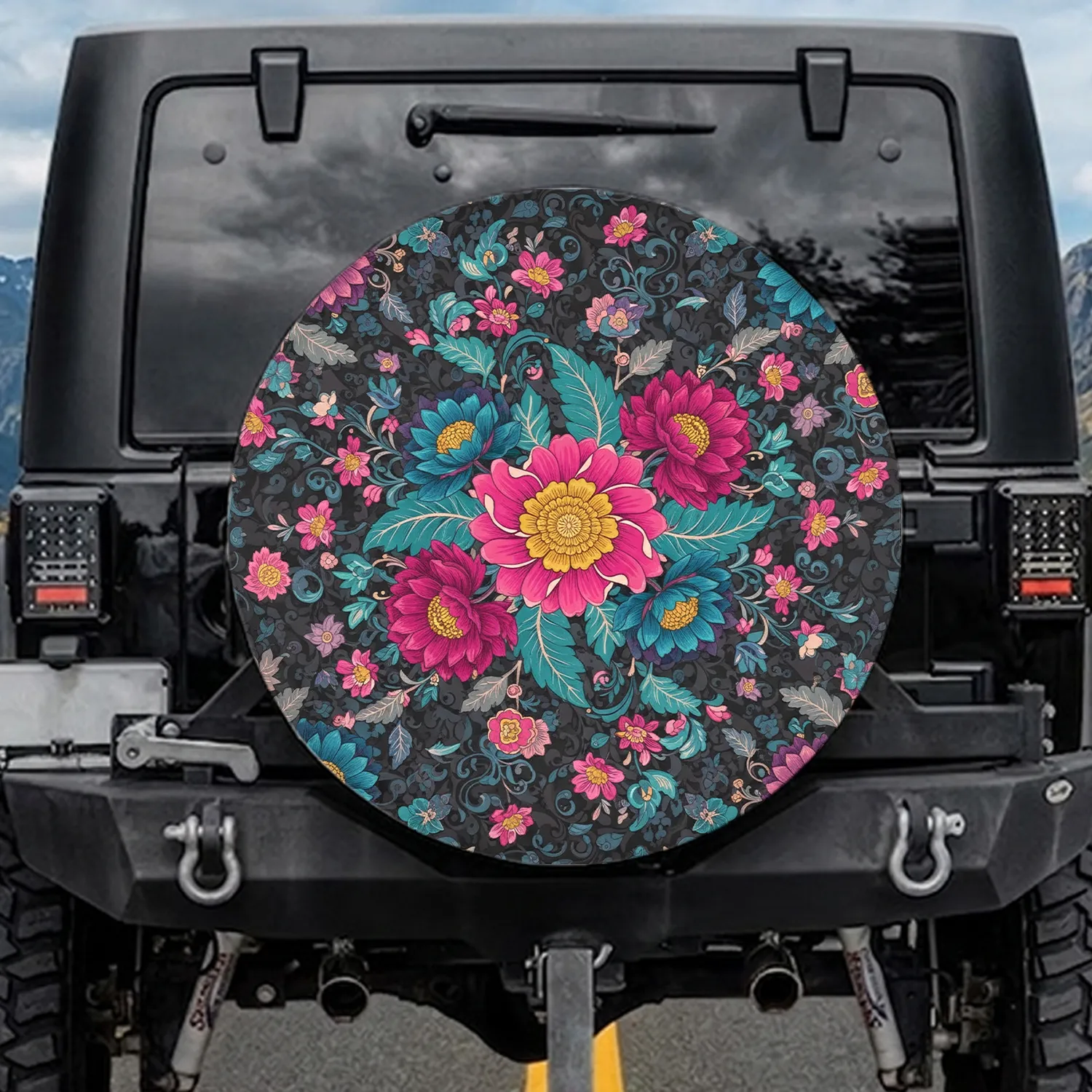 Fuchsia Violet Teal Floral Bloom Cluster - Vehicle Decor Gift Spare Tire Cover - 1