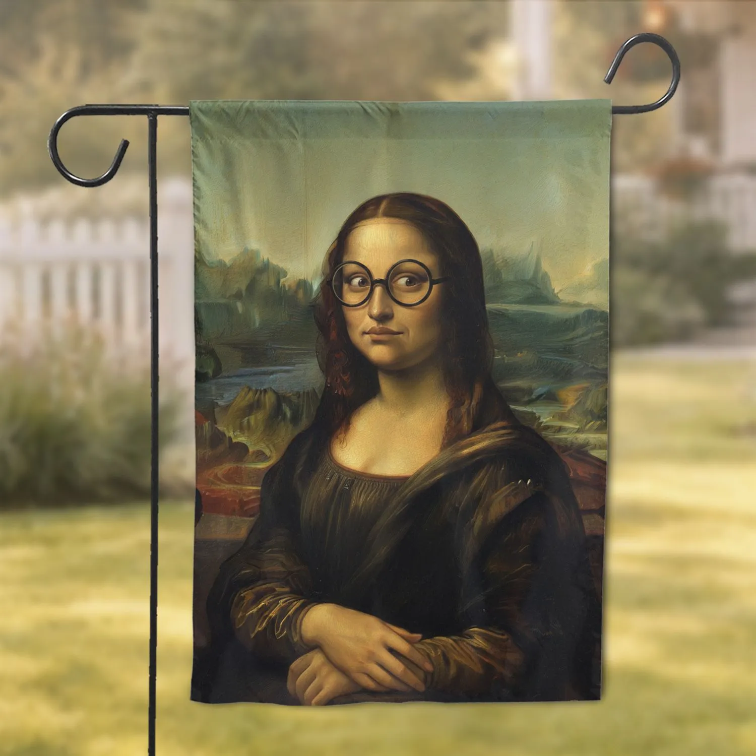 Exasperated Mona Lisa with Glasses Landscape - Home Decor Gift Garden Flag - 1