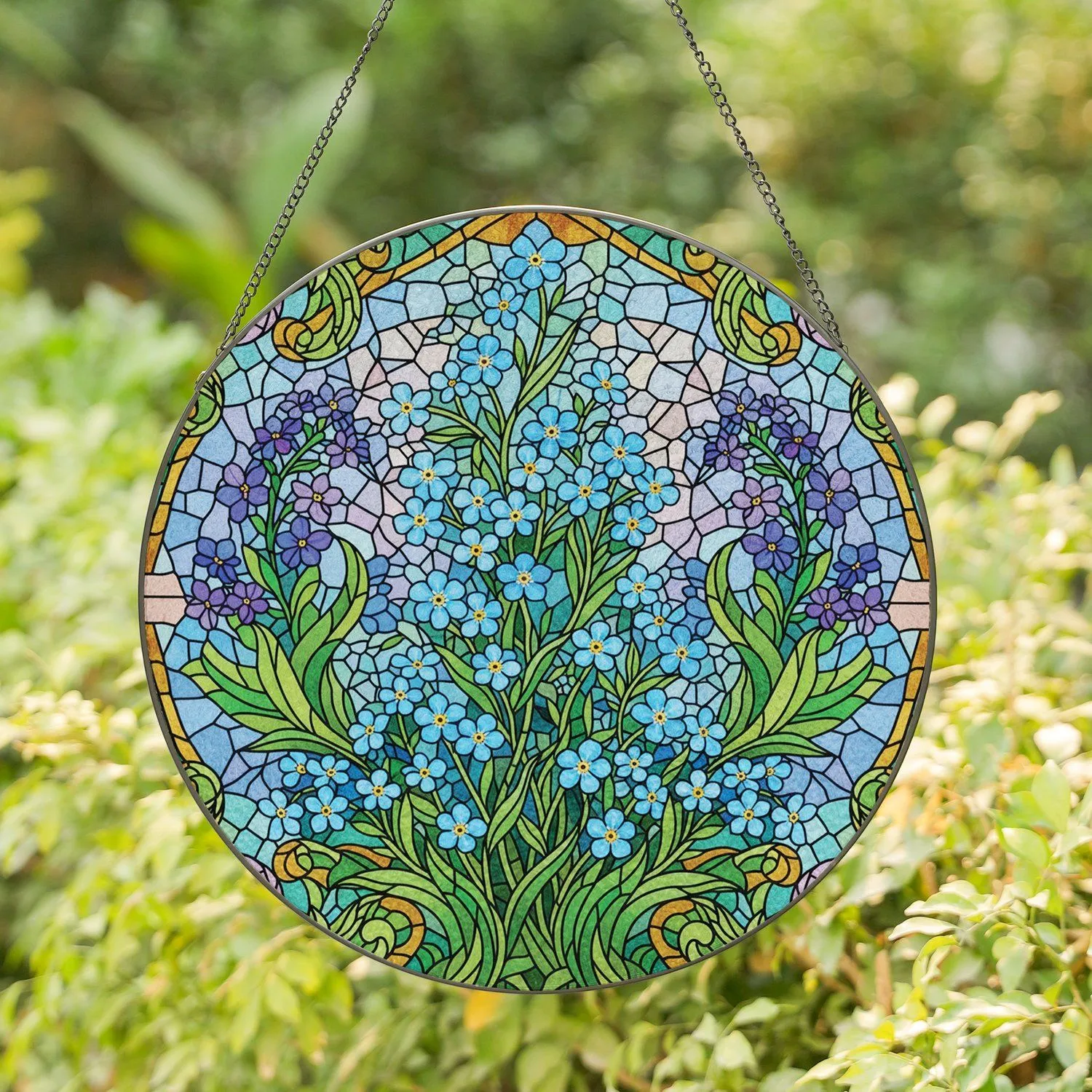Lush Blue Forget-me-not Bouquet Stained Glass Scrollwork Floral - Home Decor Gift Stained Glass Suncatcher - 1