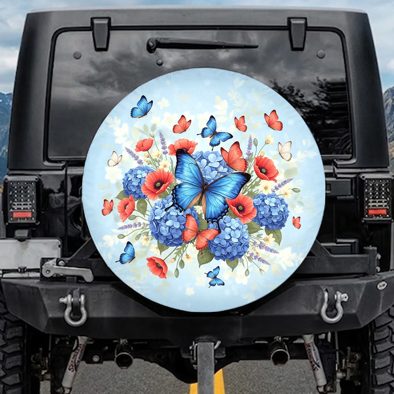 Blue Coral Butterfly Hydrangea Poppy Floral - Nature Lover Home Decor Gift Spare Tire Cover - 1