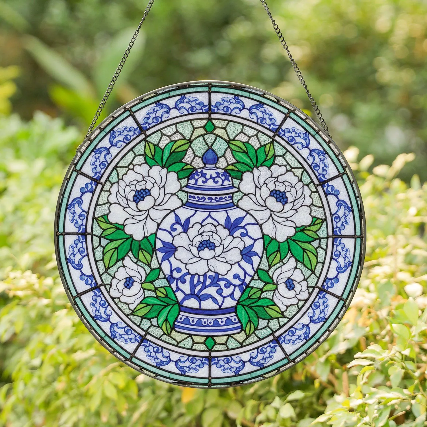 Classical Chinese Ginger Jar Cobalt White Peony Flowers Ornate Border - Home Decor Gift Stained Glass Suncatcher - 1