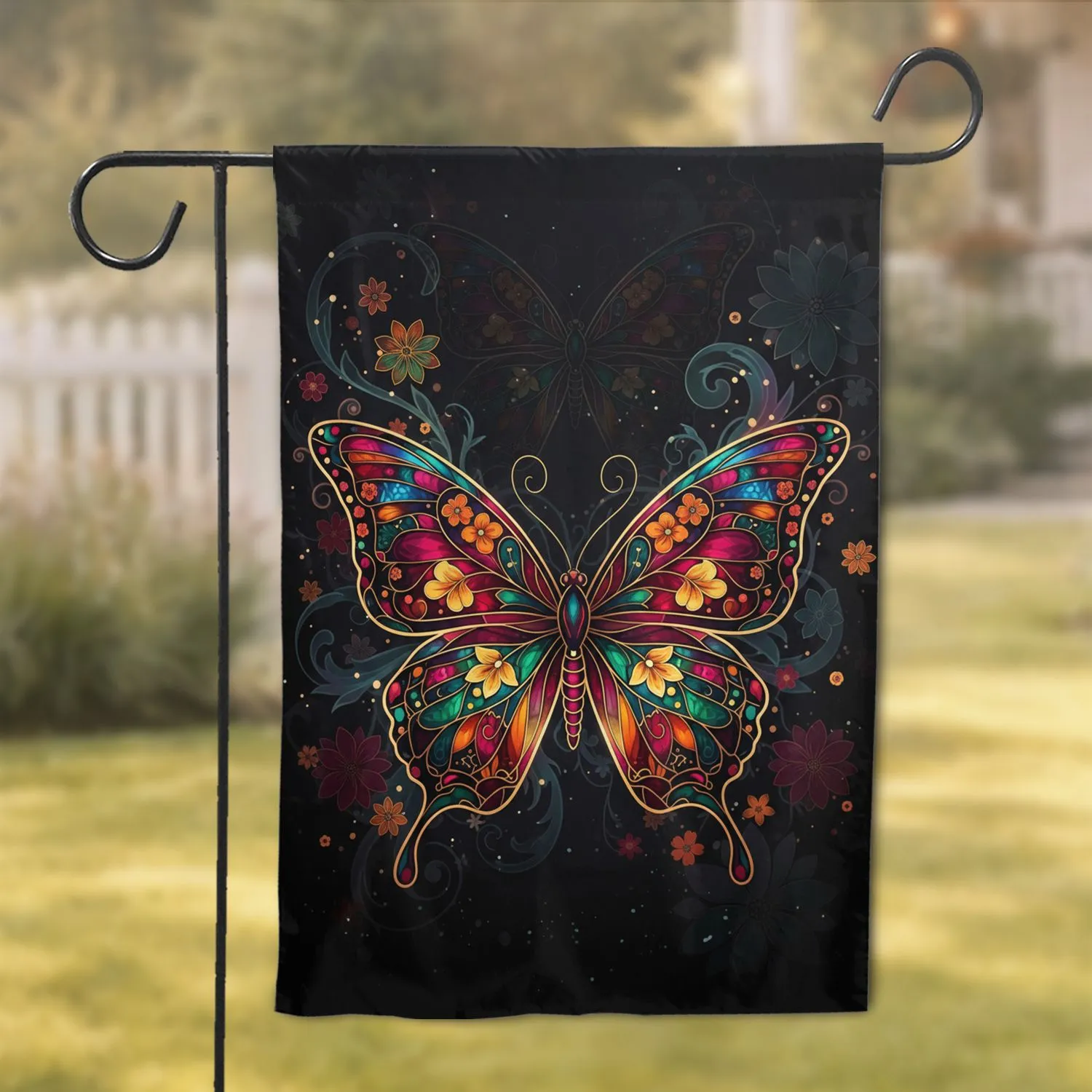 Majestic Iridescent Stained Glass Butterfly Golden Filigree Jewel Tone Home Decor Gift Garden Flag - 1