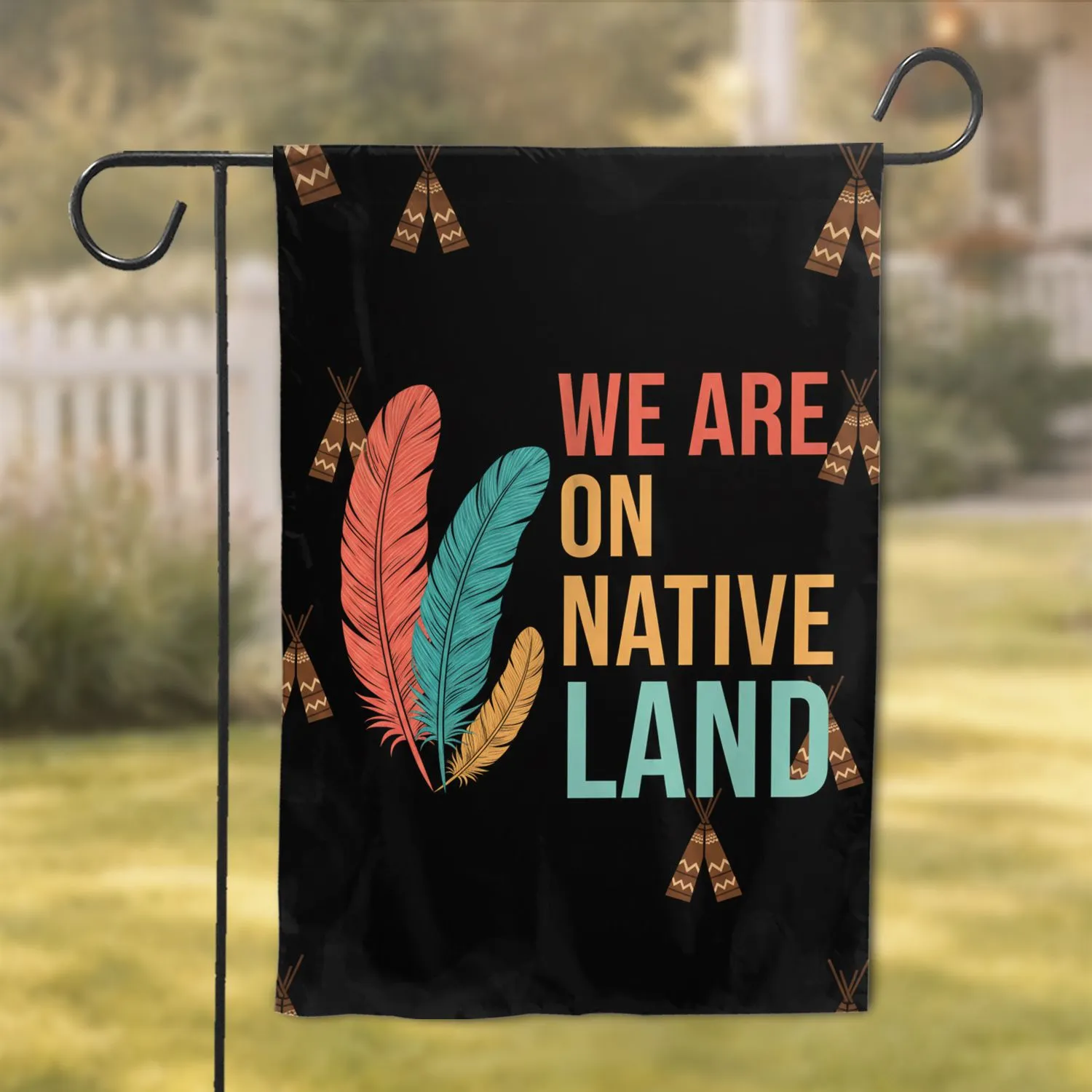 Golden Yellow Coral Red Teal Feathers Native Land Tipis - Statement Home Decor Gift Garden Flag - 1