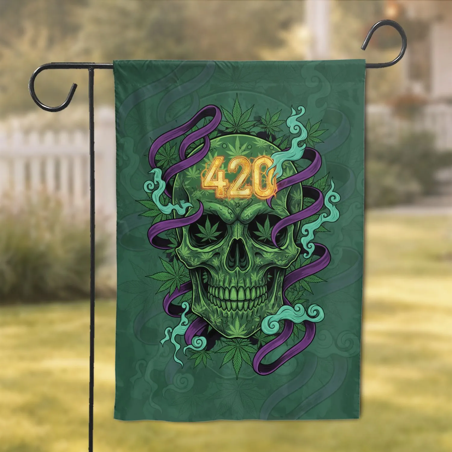 Golden 420 Green Cannabis Skull - Smoke Shop Decor Gift for Weed Lover Garden Flag - 1