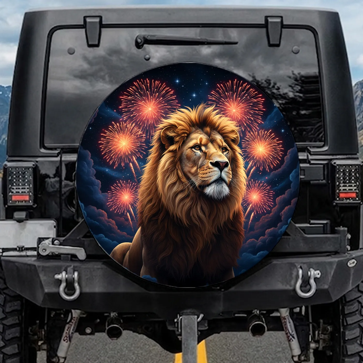 Male Lion Fireworks Stars Swirling Clouds Night Sky - Wildlife Lover Gift Spare Tire Cover - 1