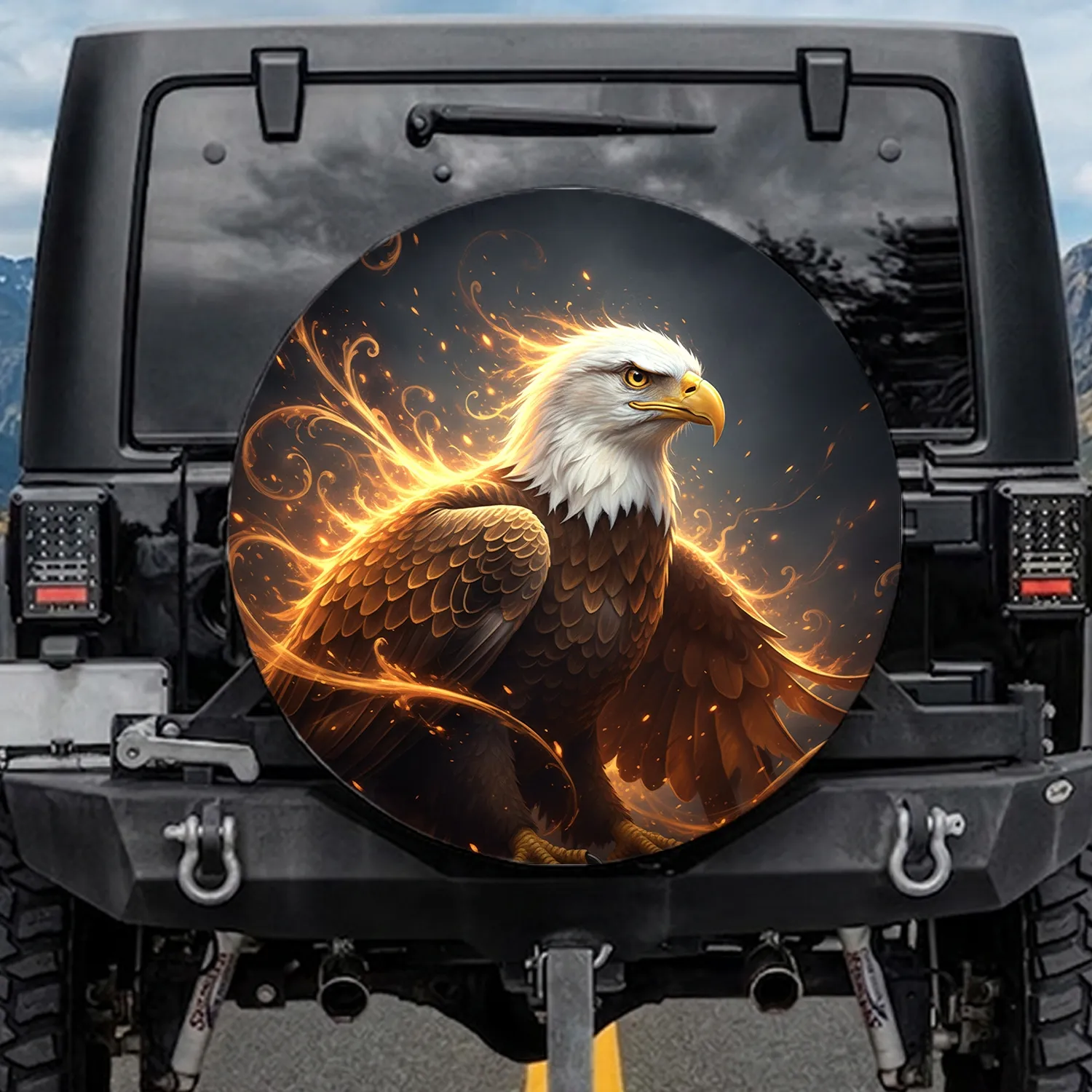 Bald Eagle Wing Feathers Swirls Embers Charcoal Field Wildlife Lover Gift Spare Tire Cover - 1