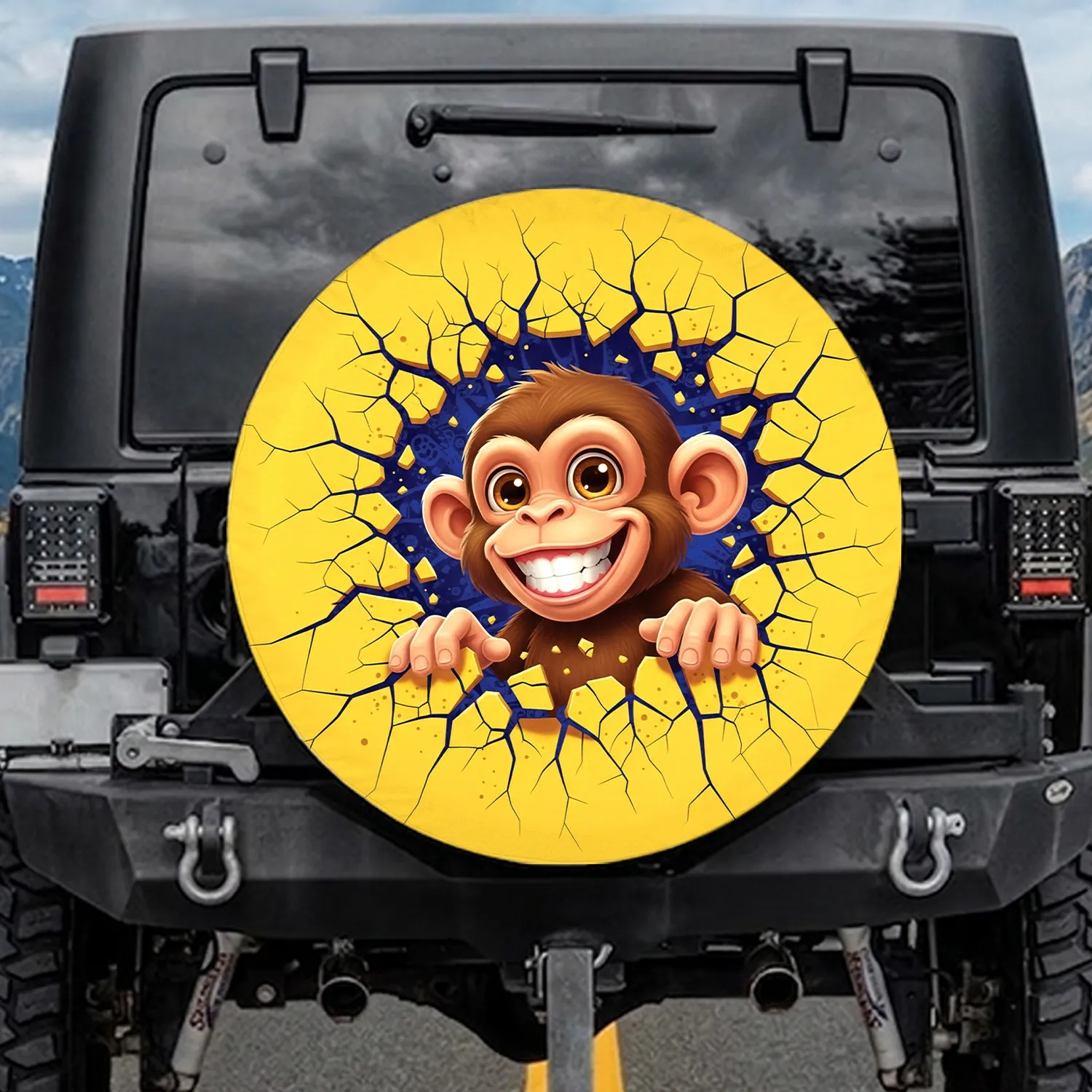 Smiling Brown Monkey Cracked Yellow Deep Midnight Blue Void - Wildlife Lover Gift Spare Tire Cover - 1