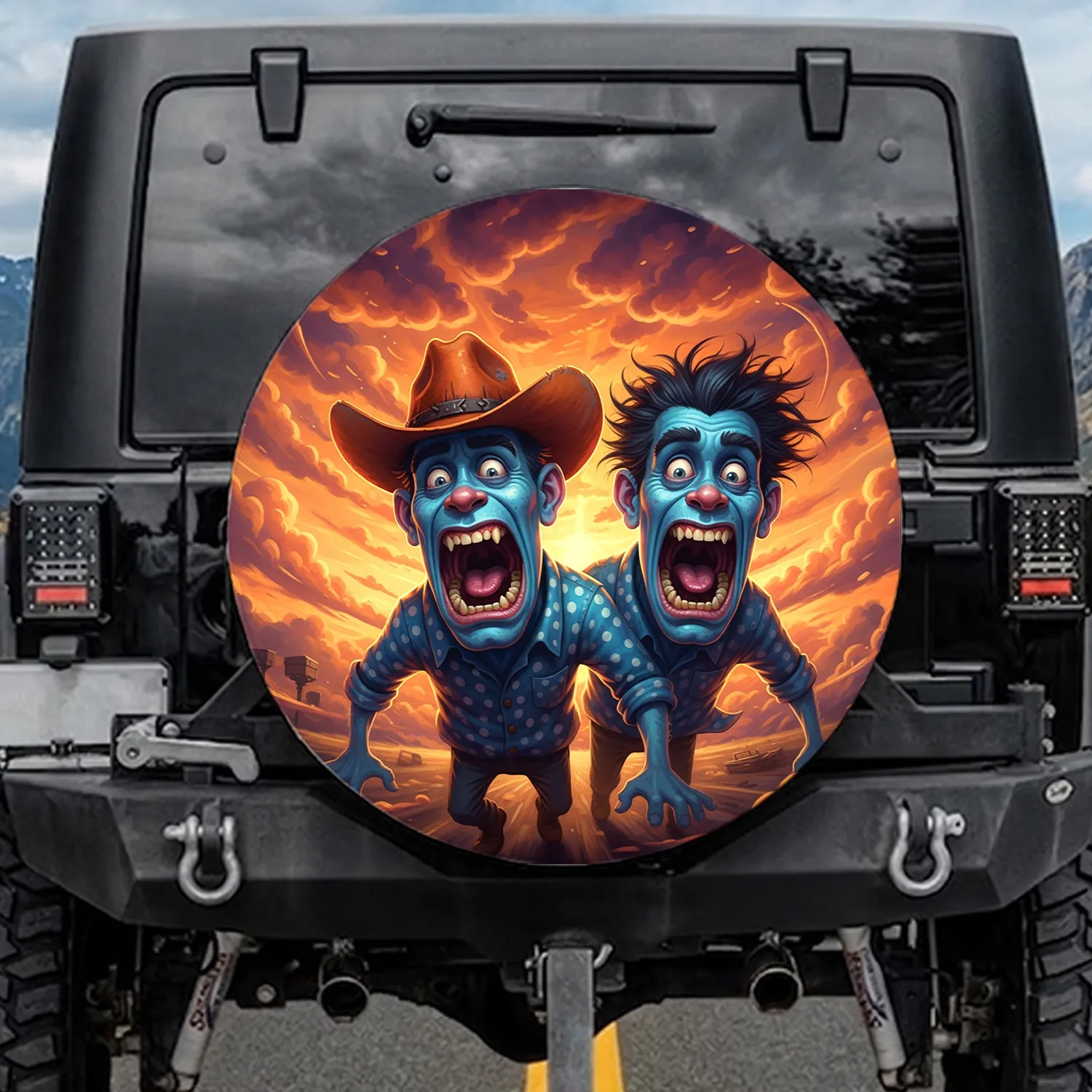 Comedic Terror Blue Monsters Cowboy Hat Sunset Sky with Speed Lines - Travel Essentials Spare Tire Cover - 1