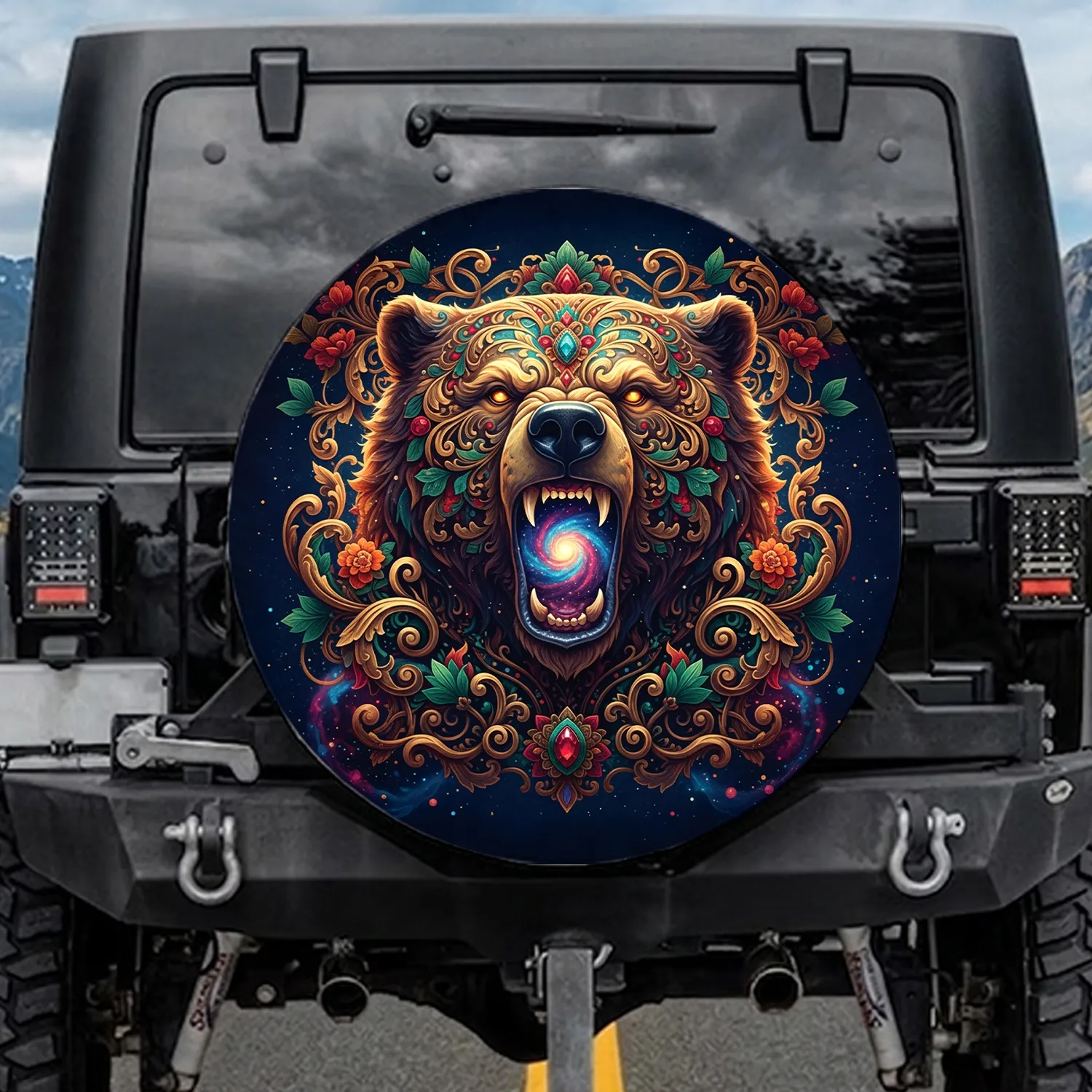 Golden Filigree Jewel Floral Roaring Bear Cosmic Galaxy Celestial Damask - Fantasy Lover Gift Spare Tire Cover - 1
