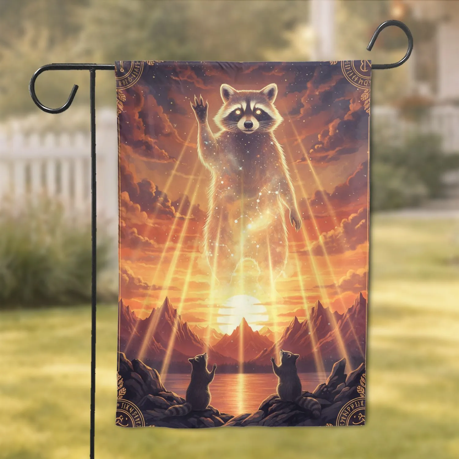 Majestic Raccoon Sunset Mountain - Wildlife Lover Home Decor Gift Garden Flag - 1