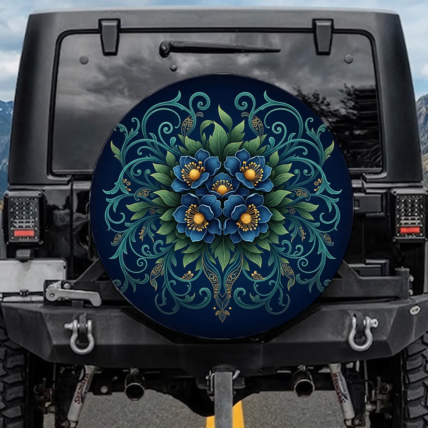 Art Nouveau Floral Bouquet Dark Blue Gold Filigree Tendrils - Luxurious Home Decor Gift Spare Tire Cover - 1