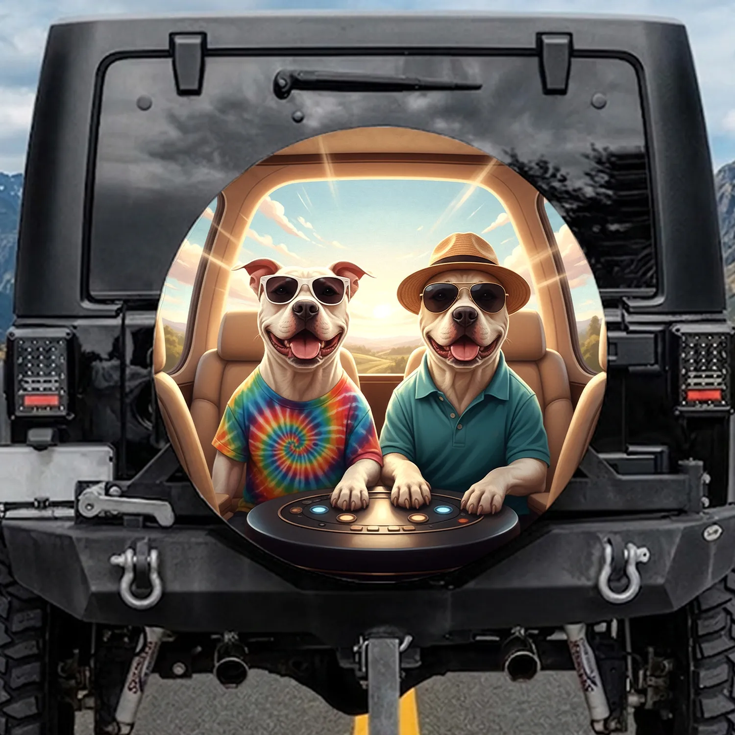 Cruising Pitbull Dogs Sunglasses Fedora Tie-Dye - Carefree Journey Road Trip Dog Lover Gift Spare Tire Cover - 1