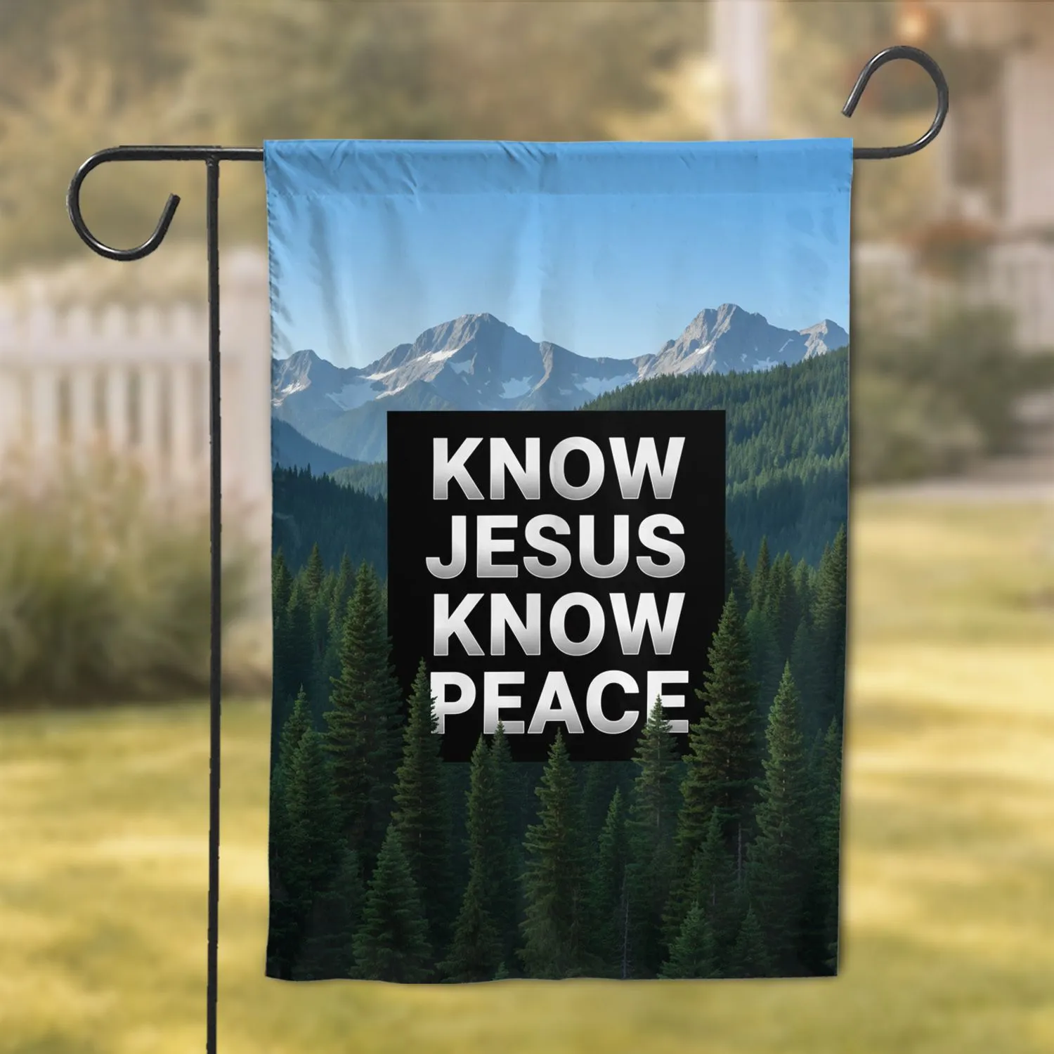 Know Jesus Know Peace Mountain Forest Landscape - Christian Home Decor Gift Garden Flag - 1
