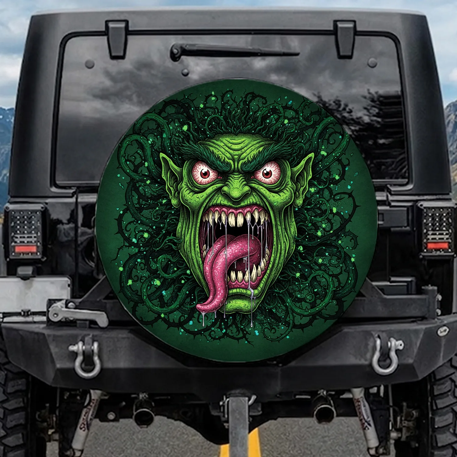Green Monster Face Dripping Tongue - Outdoor Adventure Gear Gift for Monster Fans Spare Tire Cover - 1