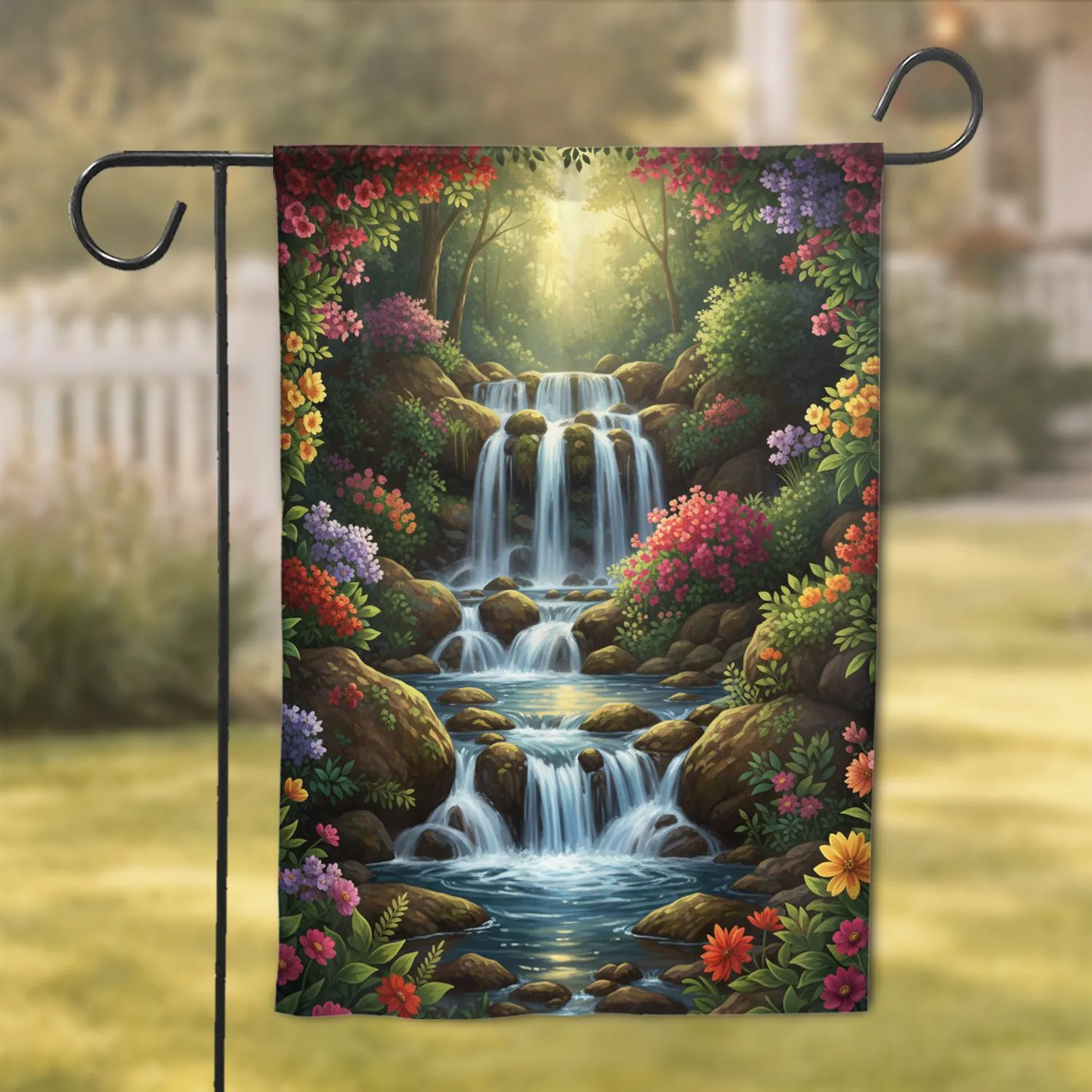 Lush Foliage Cascading Waterfall Mossy Rocks Forest Grotto - Natural Home Decor Gift Garden Flag - 1