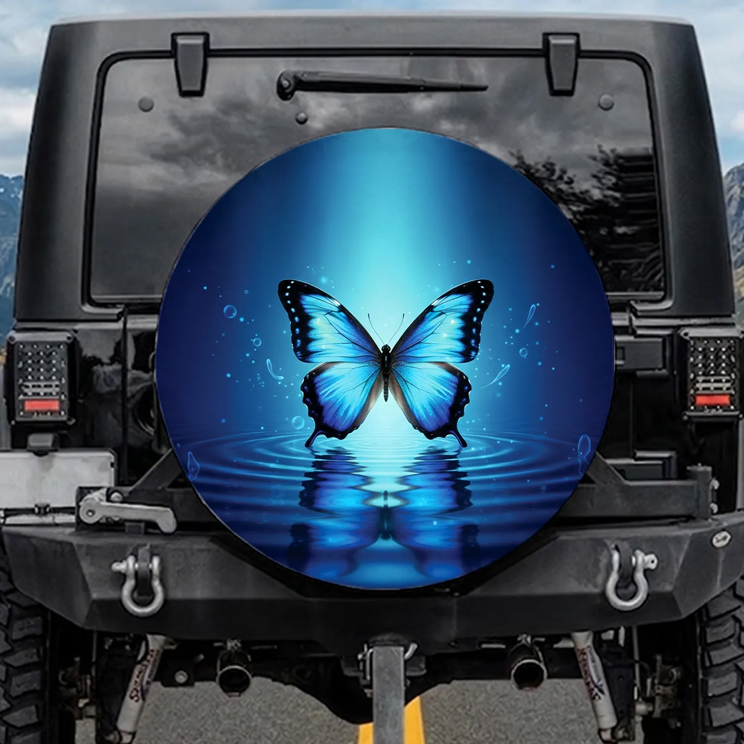 Blue Morpho Butterfly Deep Blue Liquid Surface - Nature Lover Gift Spare Tire Cover - 1