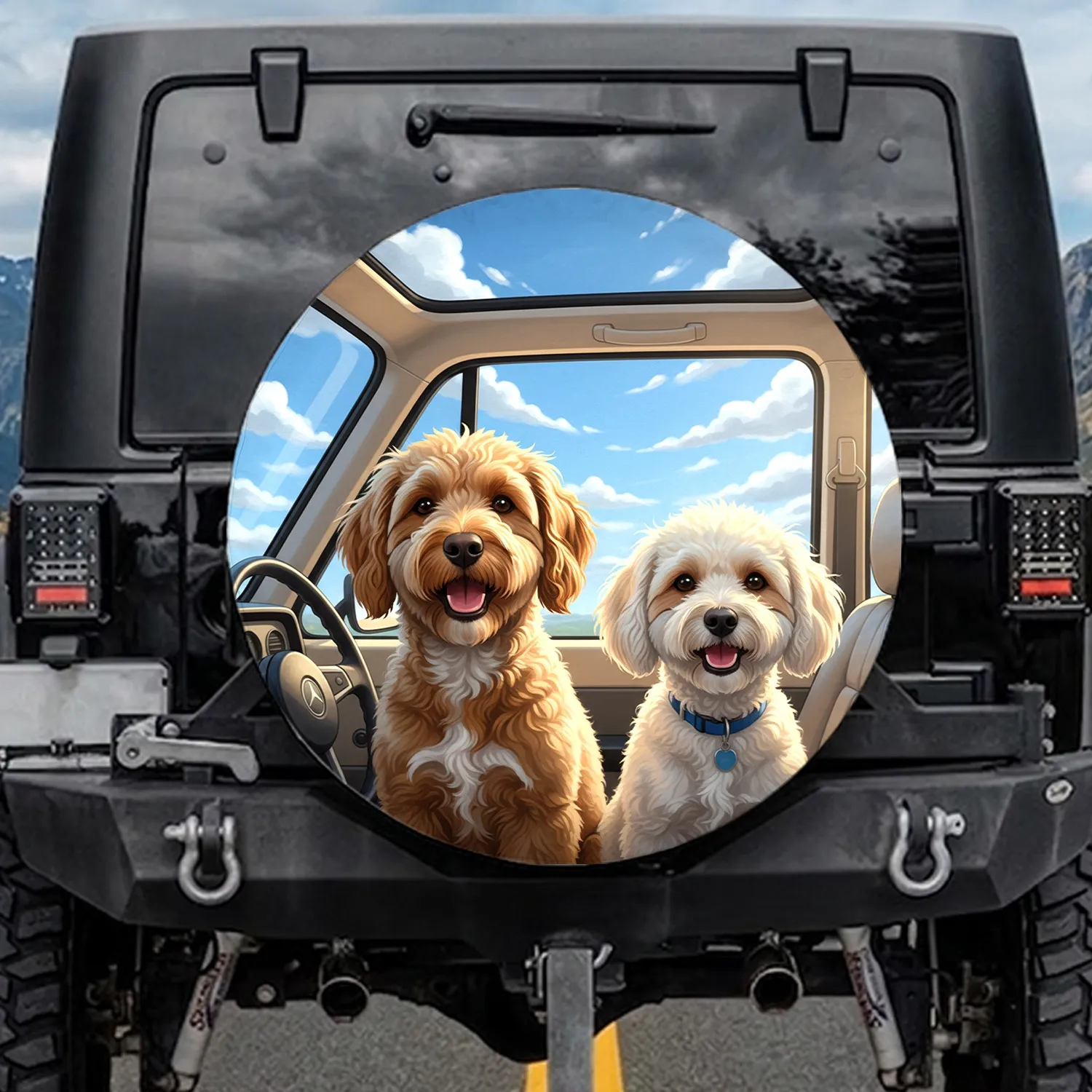 Joyful Golden Doodle Poodle Dogs In Car - Travel Enthusiast Pet Owner Gift Spare Tire Cover - 1