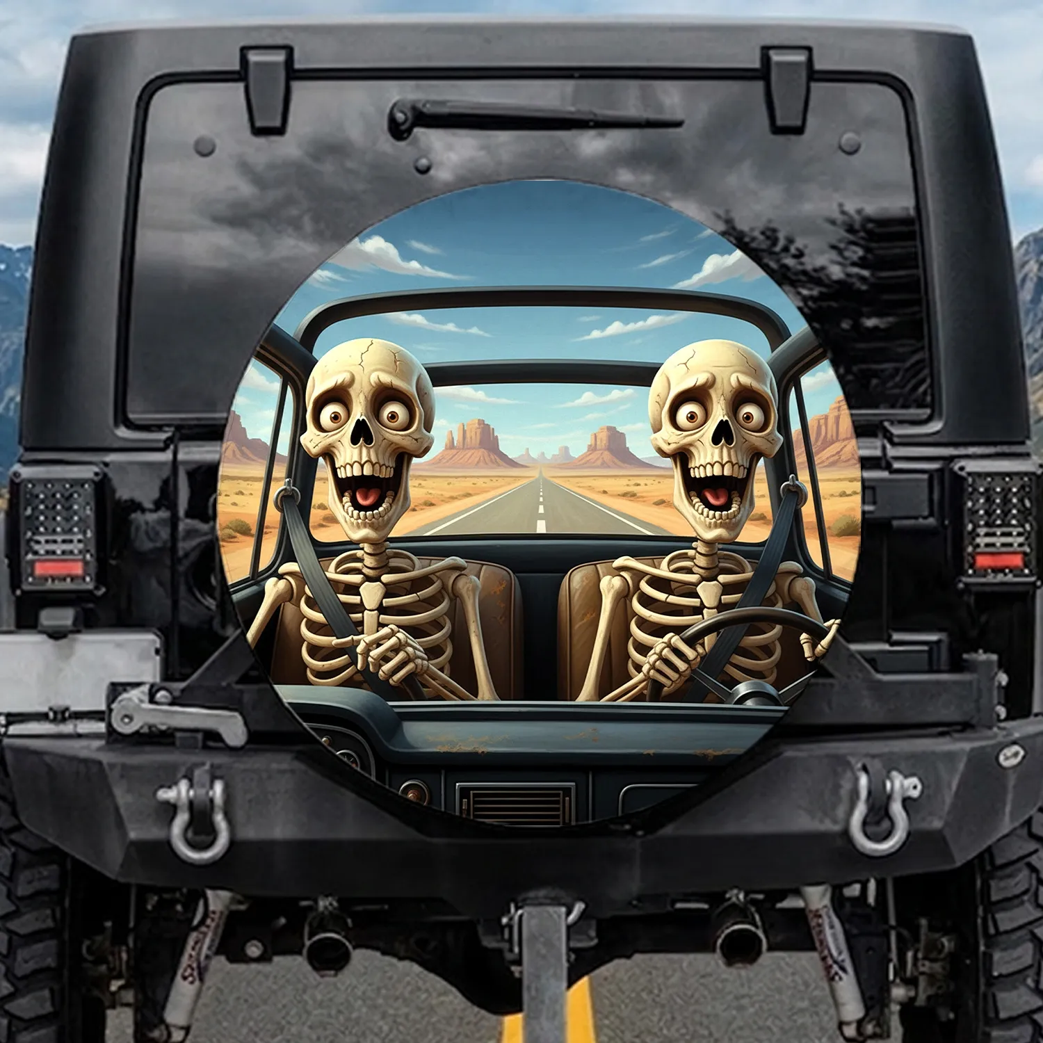 Cartoon Skeletons Driving Car Desert Highway Road Trip Adventure Spare Tire Cover - 1