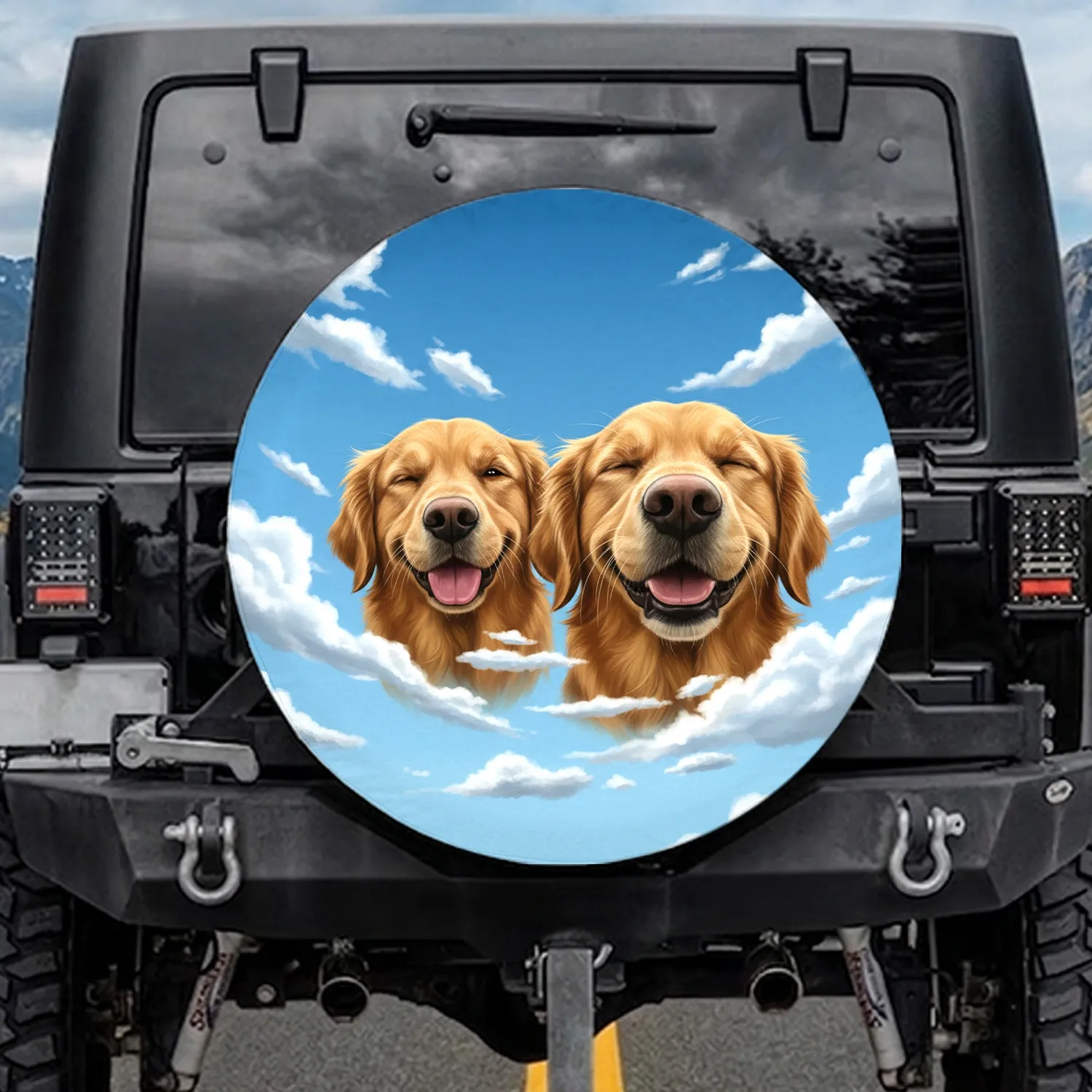 Golden Retriever Faces Blue Sky Clouds - Dog Lover Gift Spare Tire Cover - 1
