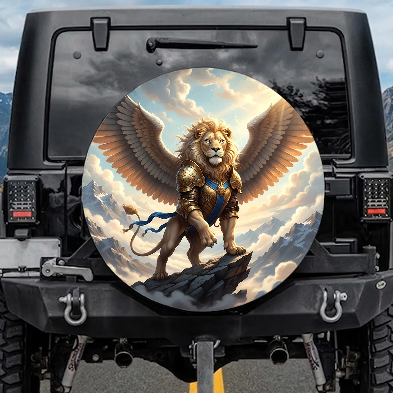 Majestic Winged Lion Golden Armor Royal Blue Sash Spare Tire Cover - 1