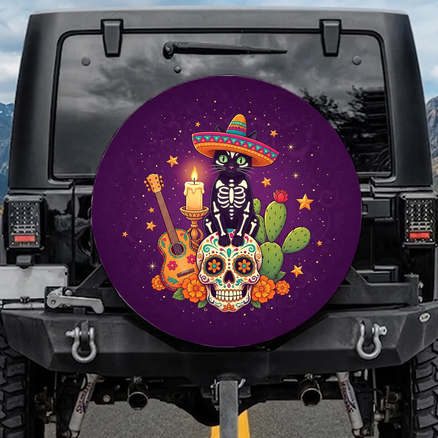 Black Cat Sugar Skull Sombrero Mexican Guitar - Dia de los Muertos Holiday Gift Spare Tire Cover - 1
