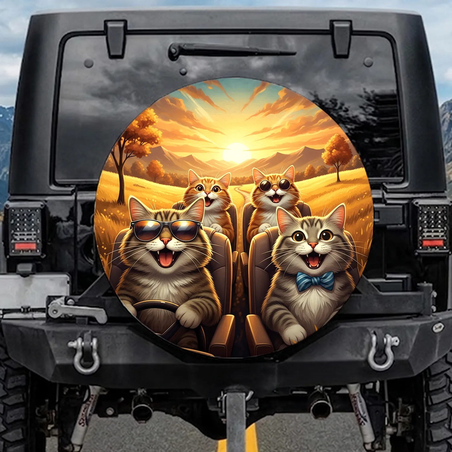 Four Grinning Cats Driving Sunglasses Road Trip Sunrise - Adventure Lover Gift Spare Tire Cover - 1