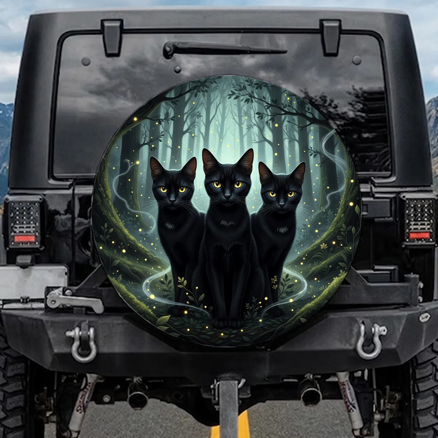 Three Black Cats Glowing Fireflies Shadowy Nocturnal Forest - Wildlife Lover Gift Spare Tire Cover - 1